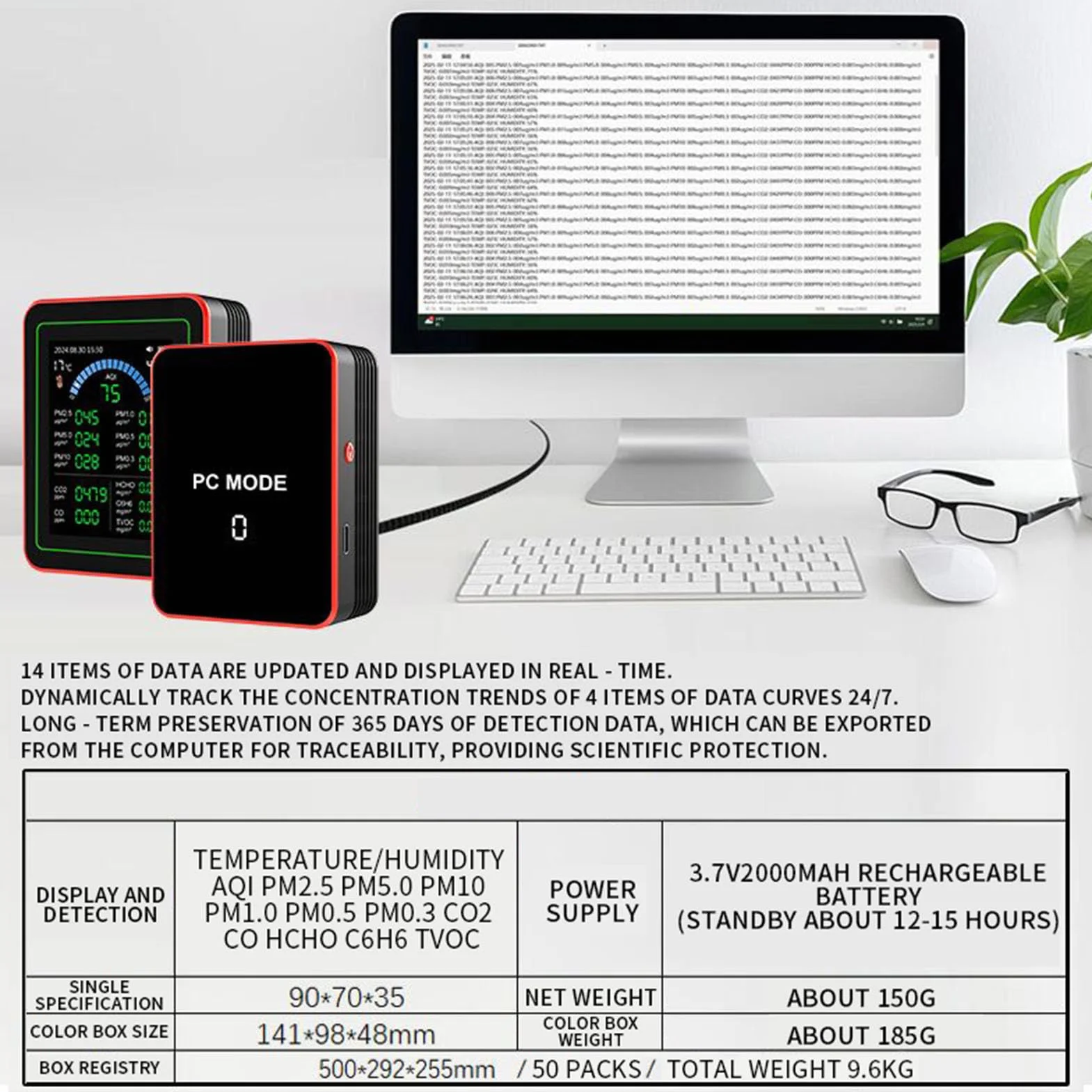 Miernik Jakości Powietrza 18 w 1 CO2 TVOC HCHO PM2.5 PM10 Temp Humid Detect Tester Wewnętrzny Zasilany Bateryjnie Przechowywanie Danych Czarny