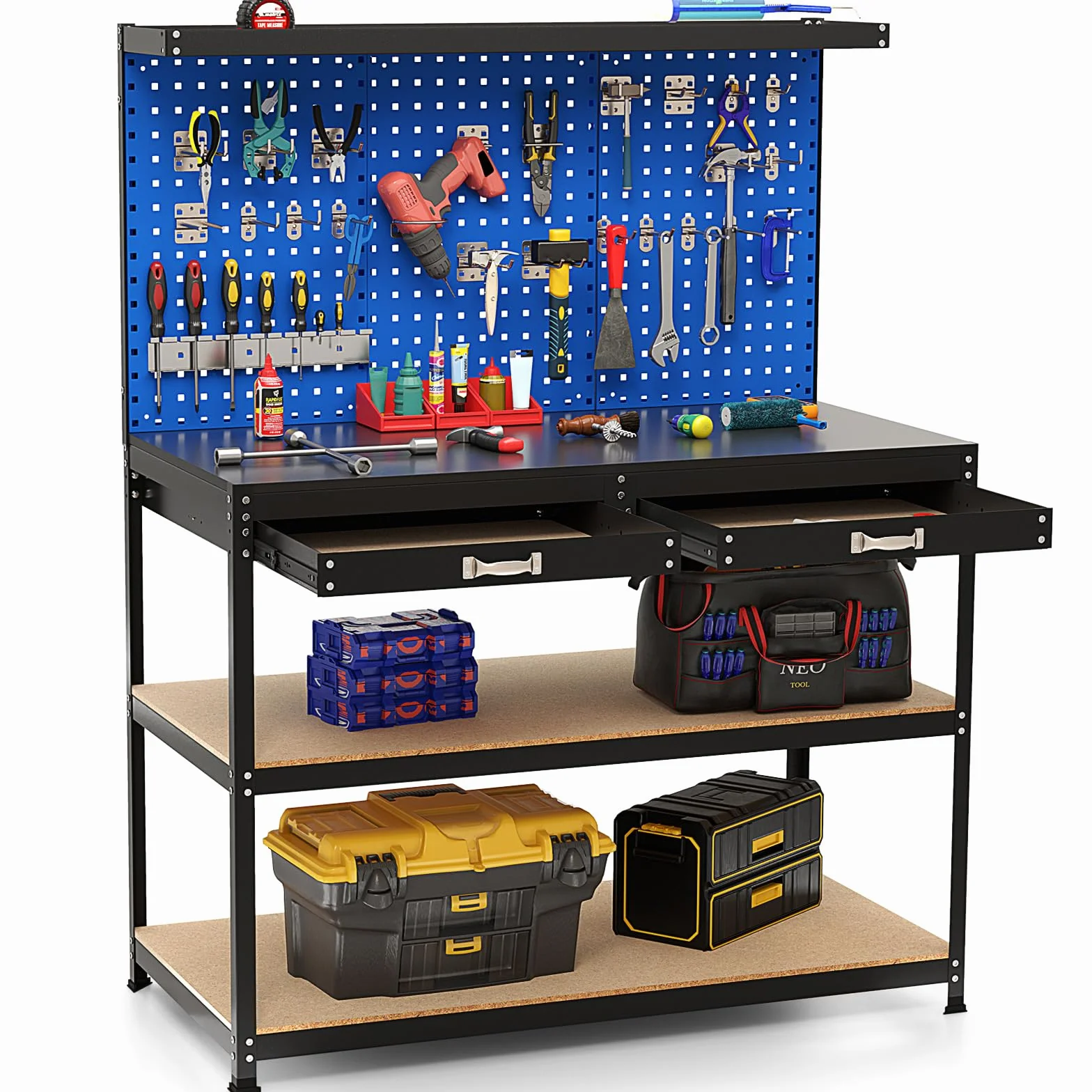COSTWAY Stół warsztatowy 121 x 61 cm, nośność 230 kg, stół roboczy ze ścianą perforowaną, szufladami i regałami oraz 24 hakami wiszącymi, stół warsztatowy do domu, garażu, warsztatu (niebieski, 121 x
