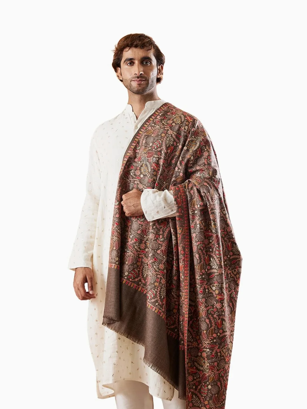 Pashmoda Sozni Męski Szalik 100% Czysta Wełna Haftowana Stuła i Owijana Tkanina Baza Dziedzictwo Pashmina Kaszmirowy Szalik Wrap Cloth (rozmiar: 40 x 80 cali, Brązowy)