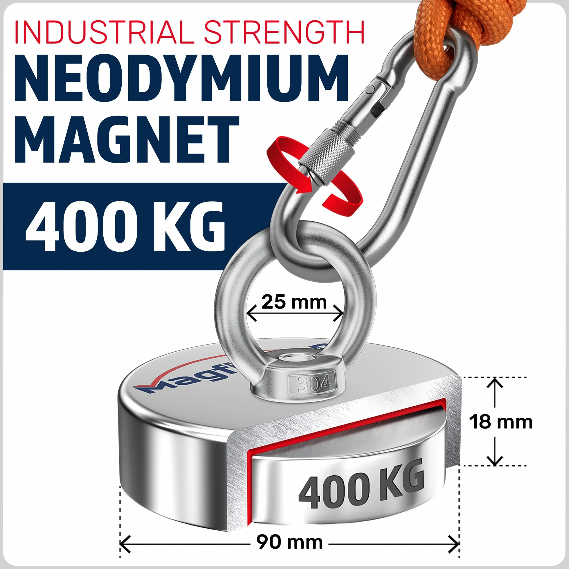 MAGFISHION Mega Zestaw do Magnetycznego Wędkarstwa - Siła Przyciągania 400KG - Ø90mm - Magnes Neodymowy z 2 Linami & Rękawice - Idealny do Magnetycznego Wędkarstwa - Magnes Ryba