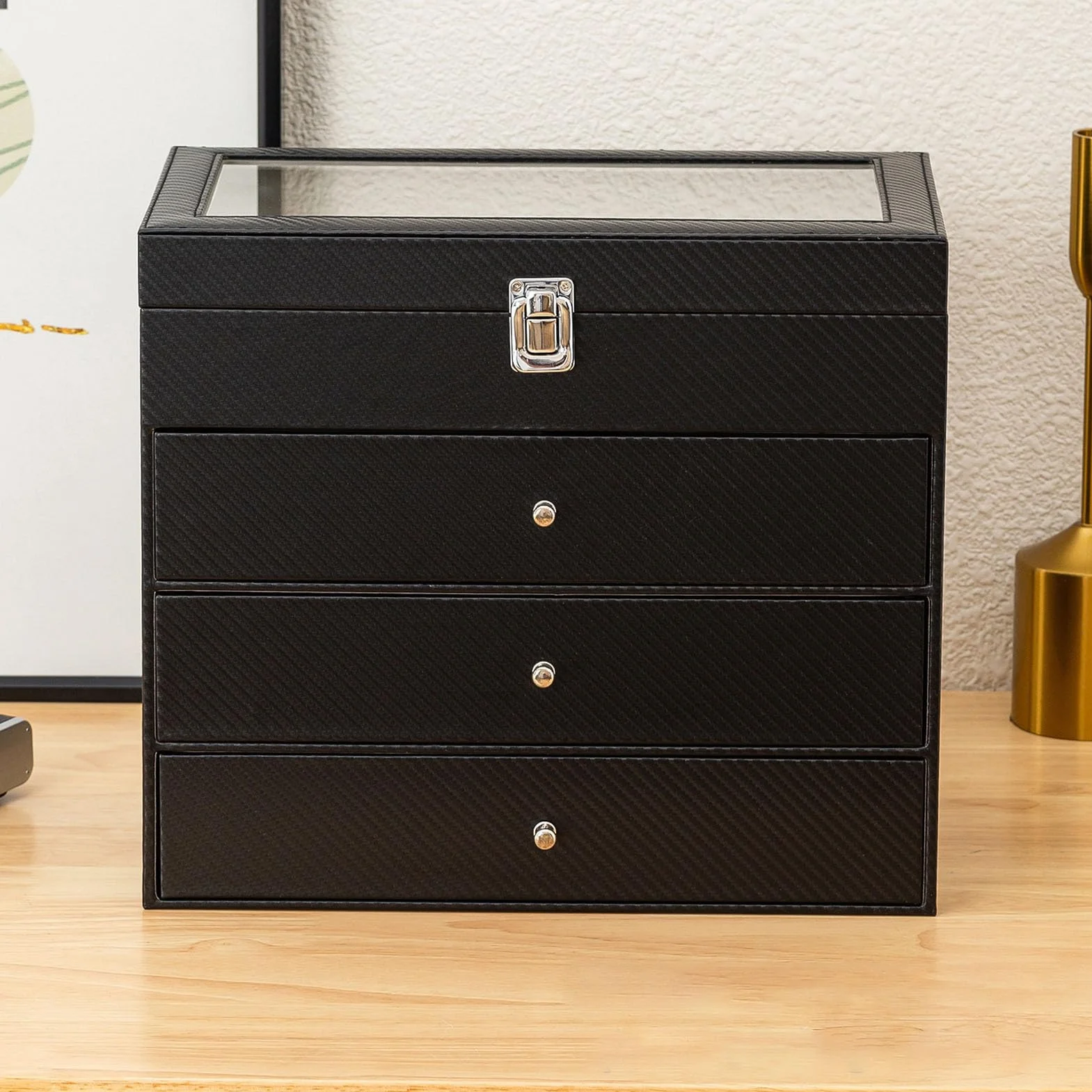 Etui na Okulary, 4 Poziomy, 27 Przegródek Organizer na Okulary Przeciwsłoneczne, Szare Aksamitne Pudełko z Włókna Węglowego PU do Przechowywania Zegarków z wkładką, Idealne do Domu i Sklepu