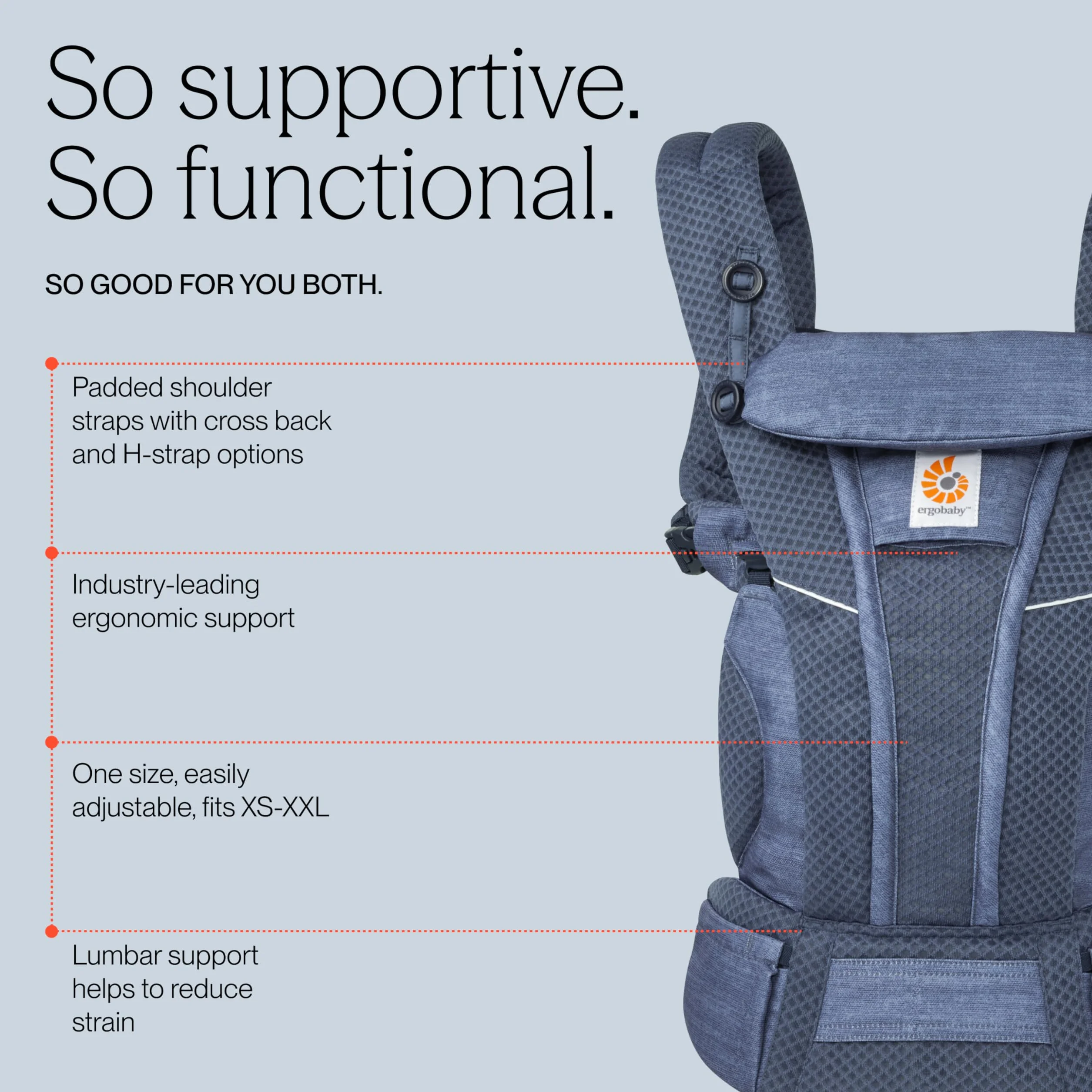 Ergobaby Omni Breeze Nosidełko dla noworodków od urodzenia do 20 kg, 4 pozycje SoftFlex Mesh Ergonomiczne nosidełko dla niemowląt Nosidełko do noszenia na plecach, Heathered Denim Blue