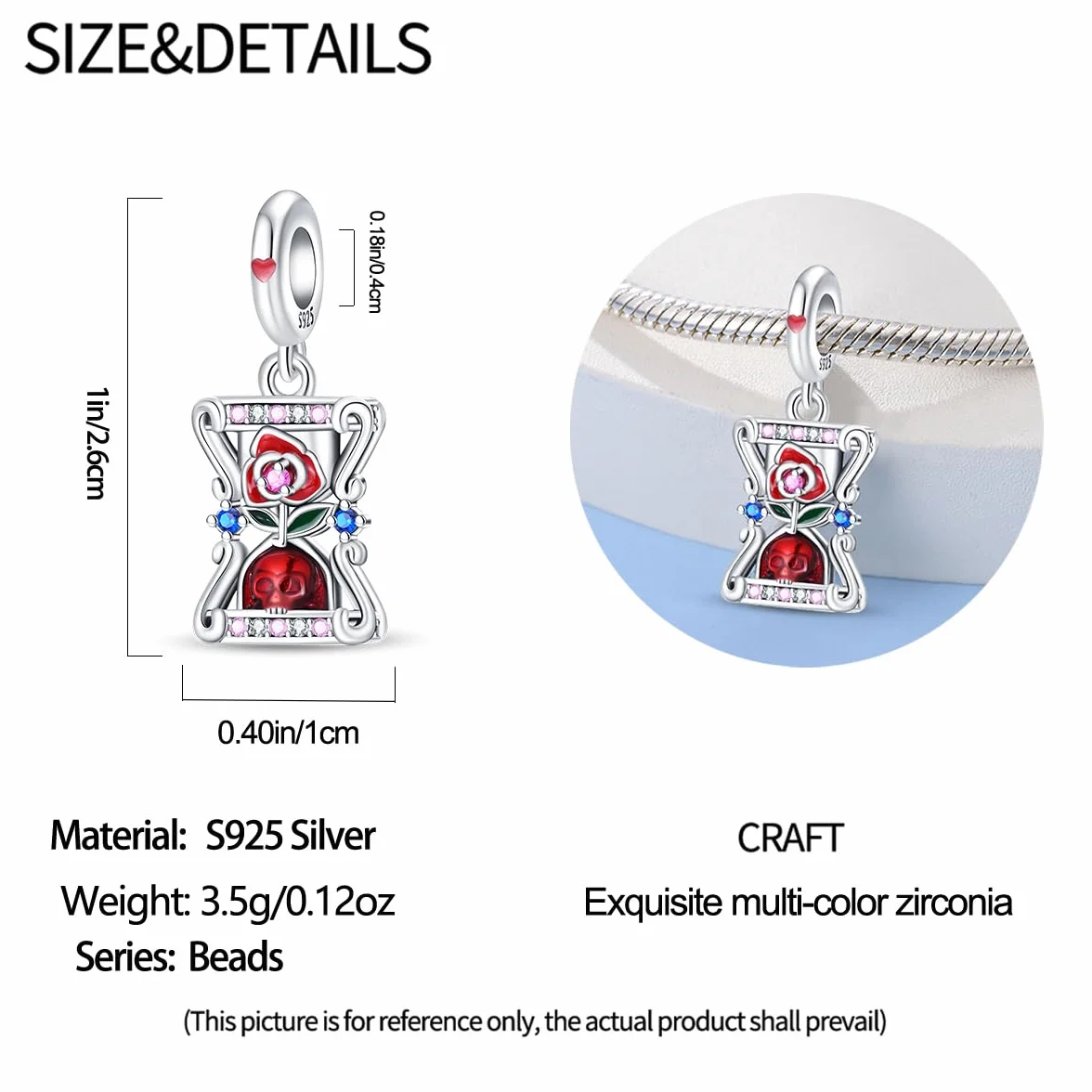 HappyStar Srebro wysokiej próby 925 wysokiej próby, zawieszka w kształcie kwiatu róży w kształcie mapy tarota, zawieszka koralik charms dla kobiet, do bransoletek Pand