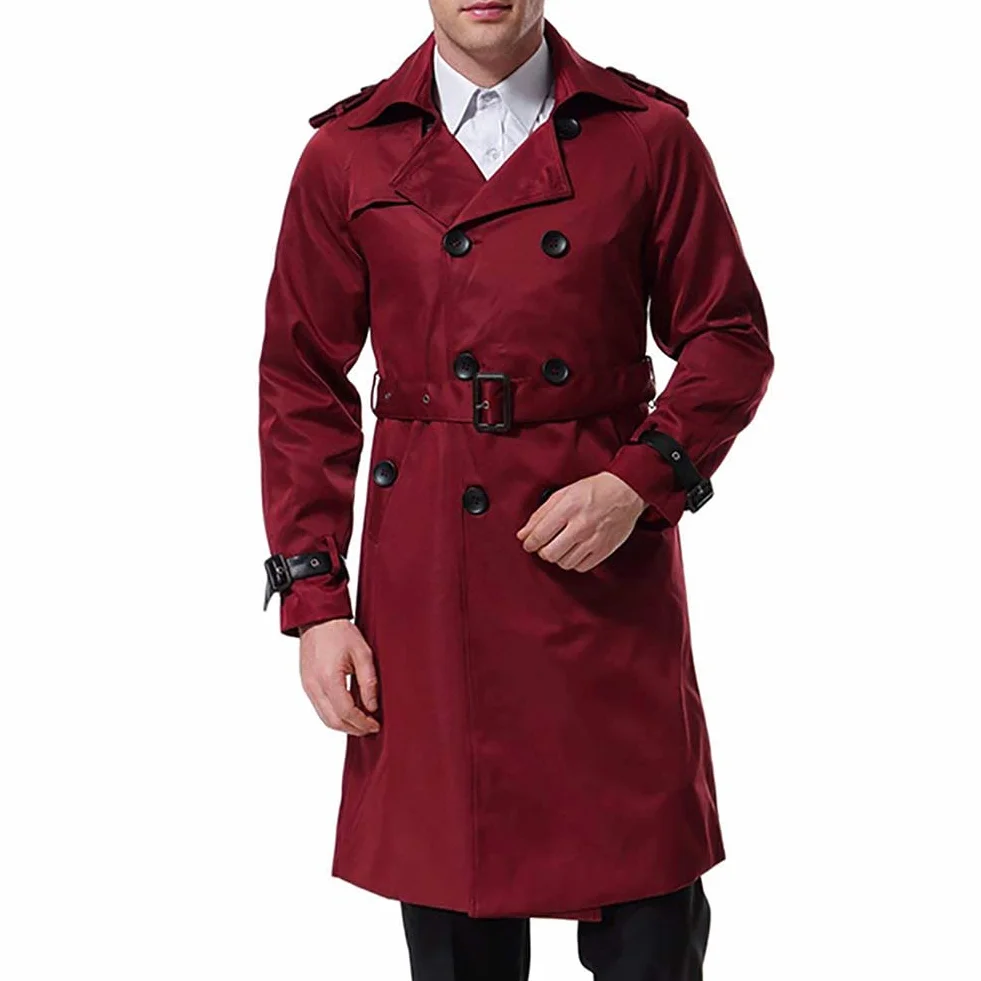 Męski trencz długi dwurzędowy slim fit płaszcz wojskowy trencz z paskiem