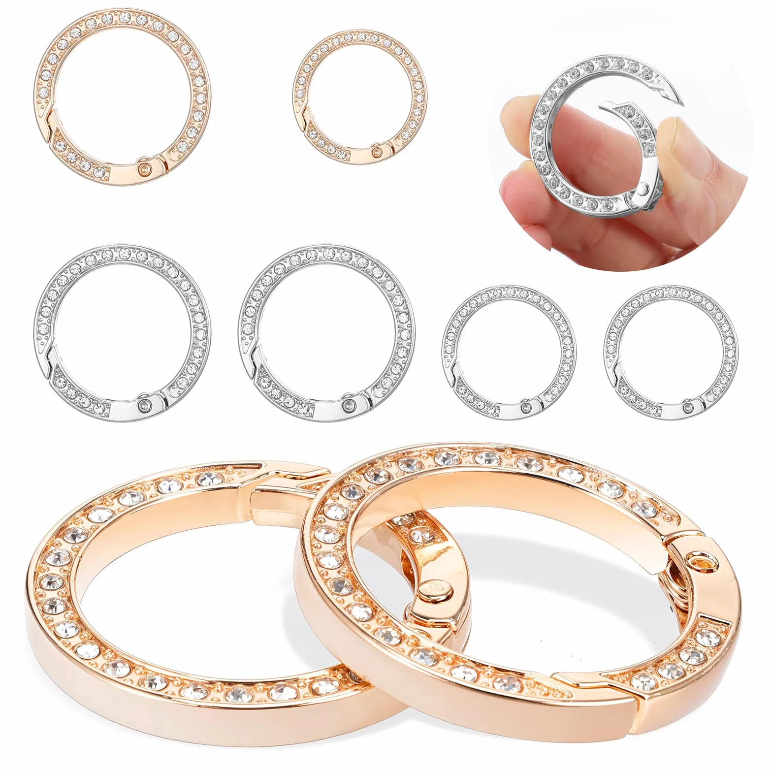 Nogeqi 8 okrągłych breloczków do kluczy, złote, 33 mm, 25 mm, błyszczący karabińczyk, okrągłe, stras, metalowe zamknięcie zatrzaskowe, kamienie strasu, do torebki, biżuterii, rękodzieła (srebrny,