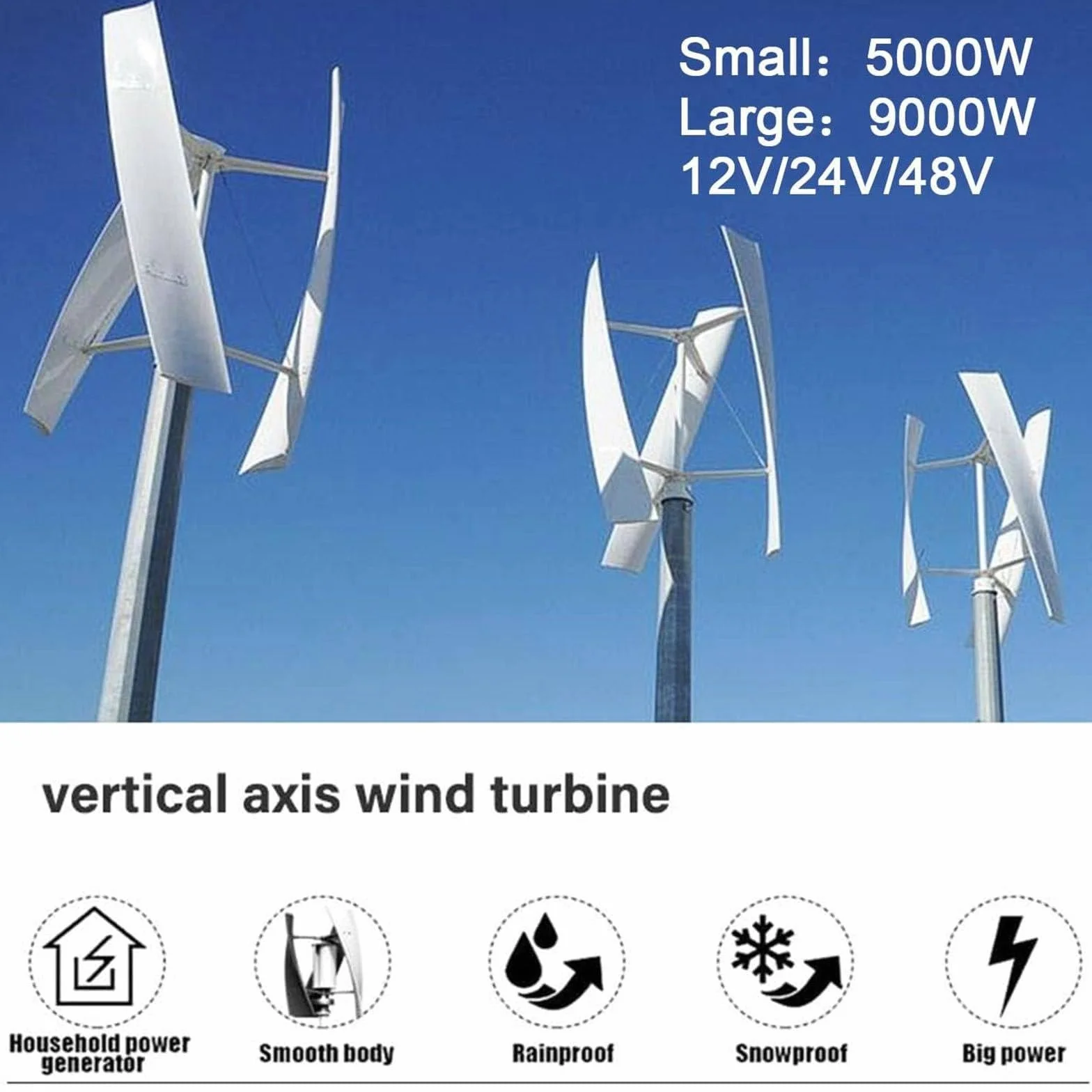Generator turbiny wiatrowej 5000 W/9000 W, zestaw generatora z pionową turbiną wiatrową 12 V 24 V 48 V, z 3 ostrzami zestaw turbiny wiatrowej do suplementacji energii w domach,5000W-12V