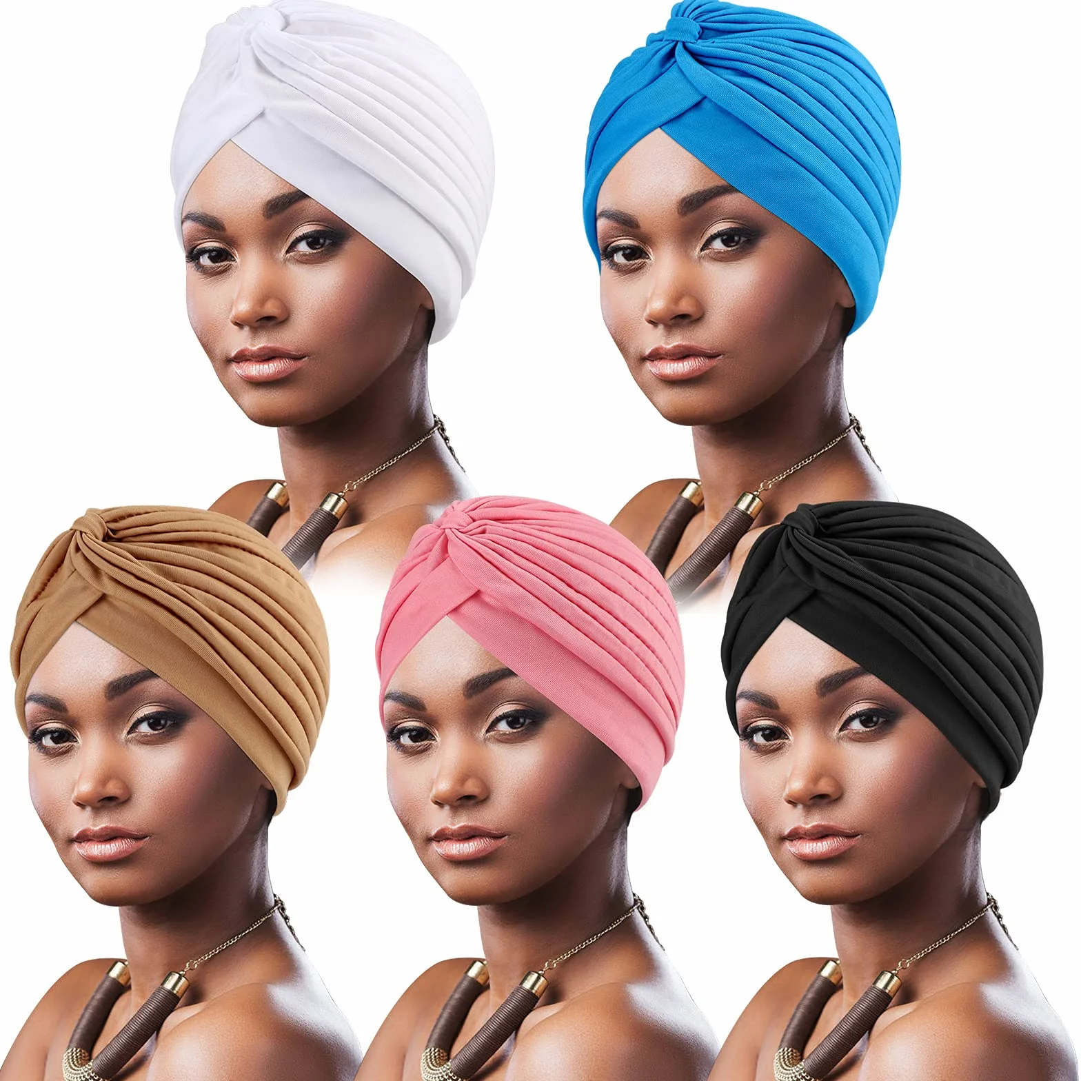 DRESHOW 5 Sztuk Damski Turban Afrykański Wzór Węzeł Opaska na Głowę Czapka Wstępnie Zawiązana Czapka Chemioterapia Kapelusz Przeciw Wypadaniu Włosów