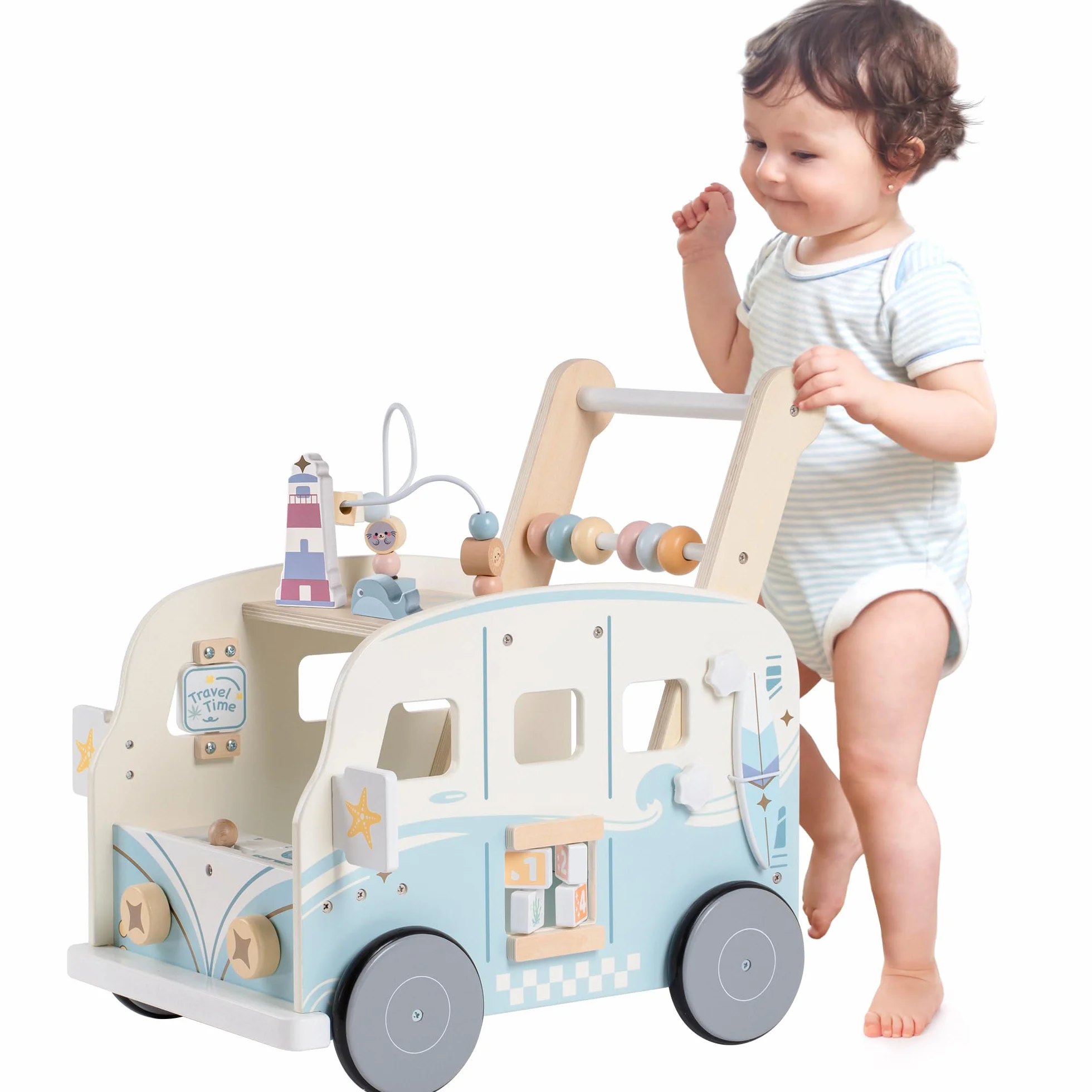 ROBOTIME Drewniany wózek do nauki chodzenia dla niemowląt, pomoc w nauce chodzenia po drewnie, centrum aktywności Montessori, pomoc w nauce chodzenia dla niemowląt i małych dzieci (10 miesięcy - 1-2