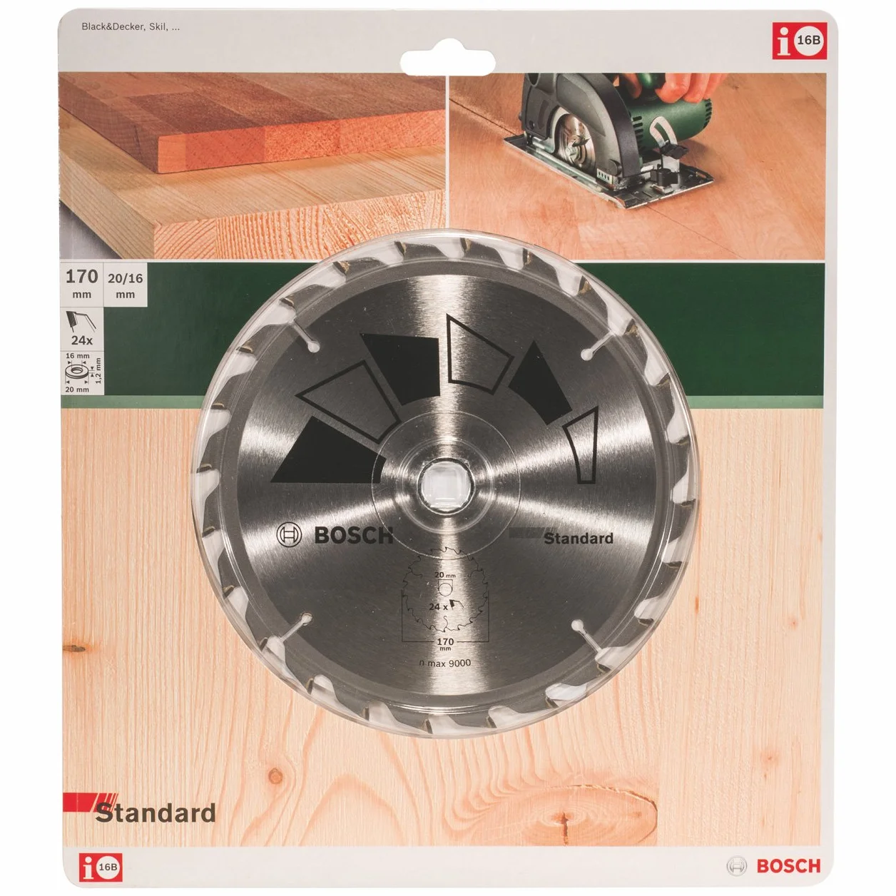Bosch 1x Tarcza pilarska Standard (do Drewna, Ø 170 x 2.2/1.5 x 20/16 mm, 24 Zęby węglikowe, ATB, w tym 1x Pierścień redukcyjny 16 mm, Osprzęt pił tarczowych)