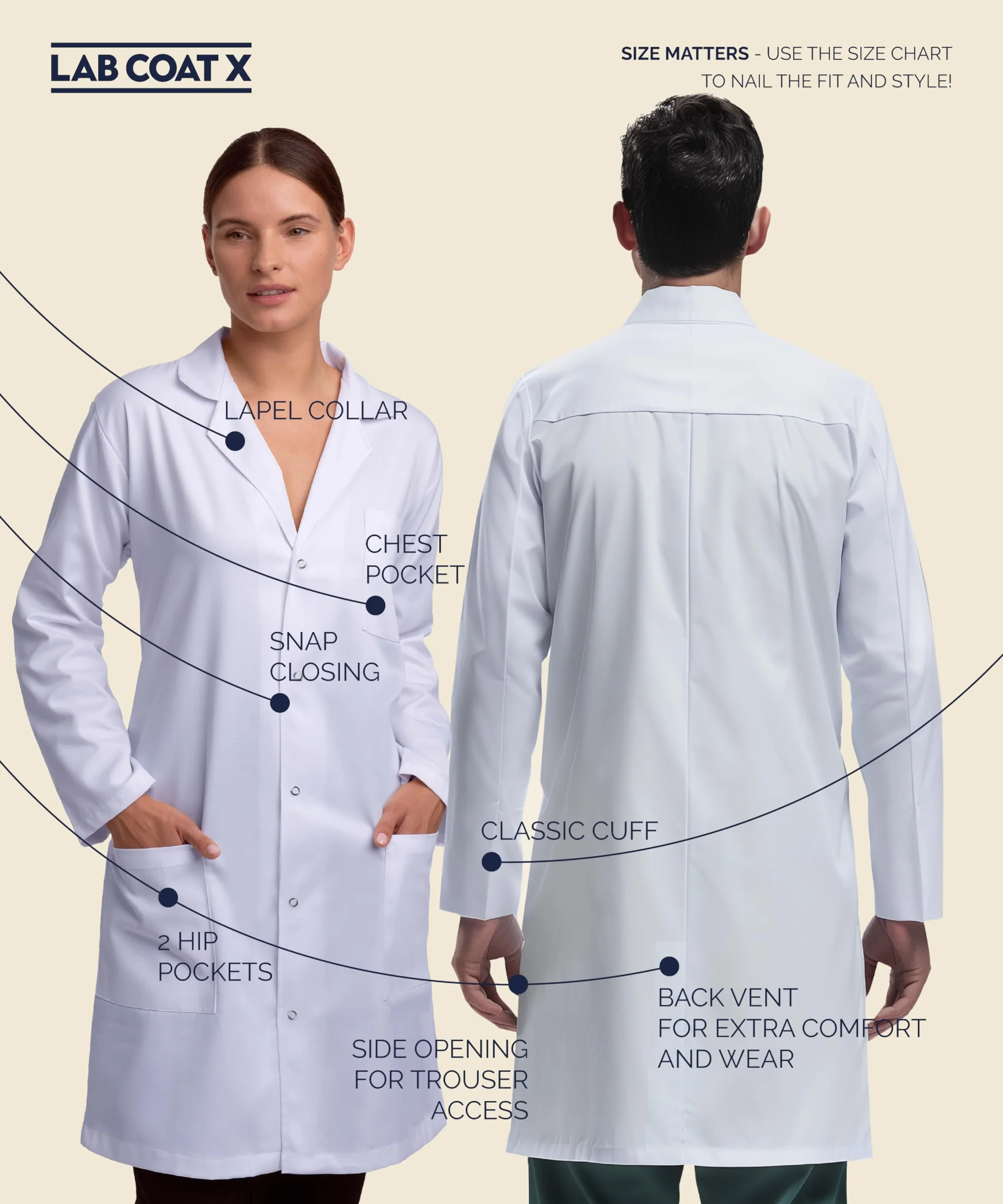 Profesjonalny fartuch laboratoryjny unisex dla mężczyzn i kobiet, wiele kieszeni, klasyczny krój, zapięcie na zatrzask, długość 100 cm, Czarny, M