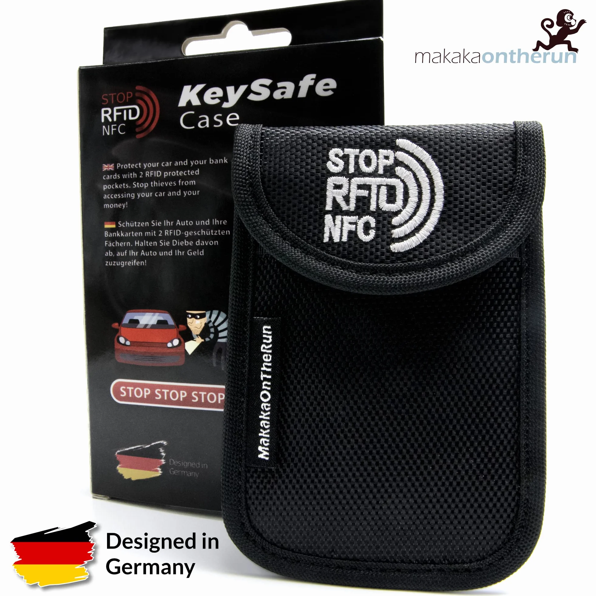 MakakaOnTheRun etui na kluczyki samochodowe – Keyless Go ochronne z 2 przegródkami chroniącymi RFID. Etui na kluczyki samochodowe do wszystkich pojazdów z UE, Azji i