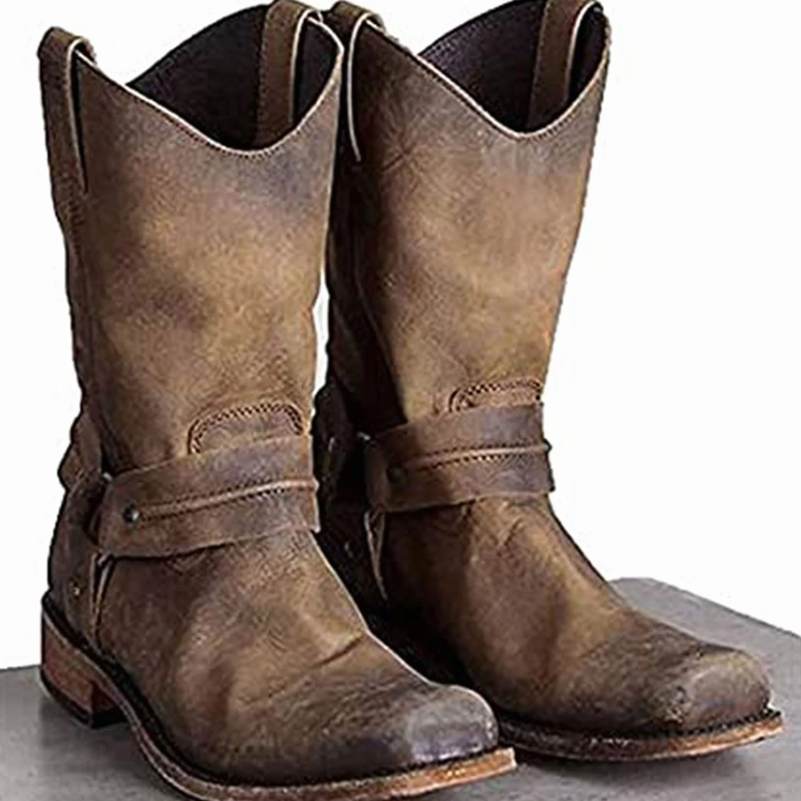 West Men Santiags Vintage Square Head Knight Boot Top Pomoc Punk Rock Style Gothic Mi-Mollet Buty Zimowe Polowanie Wędrówki Wędrówki