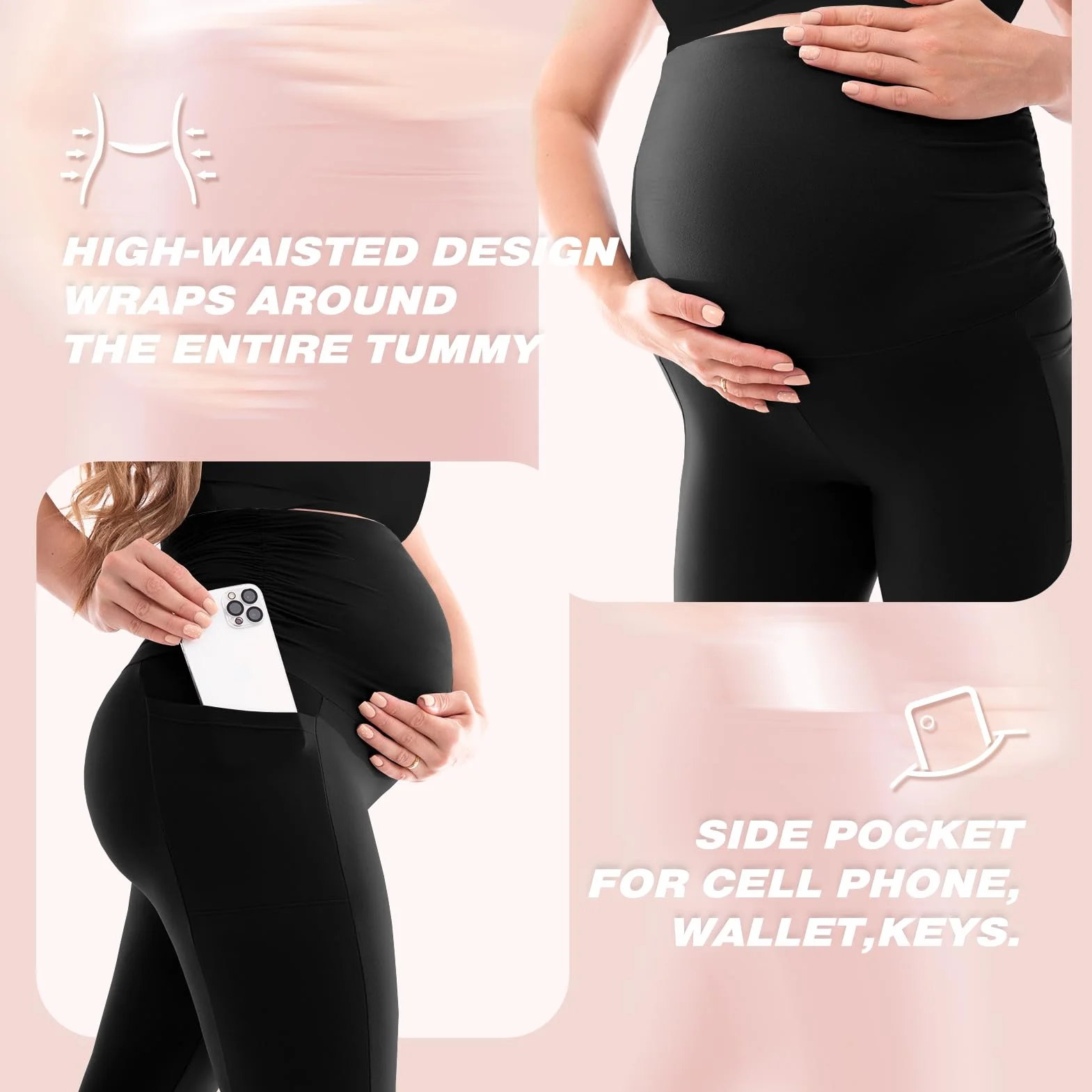 SINOPHANT Damskie legginsy ciążowe z wysoką talią, spodnie ciążowe z kieszeniami, nieprzezroczyste legginsy ciążowe, miękkie, elastyczne, moda ciążowa, do domu, jogi, L