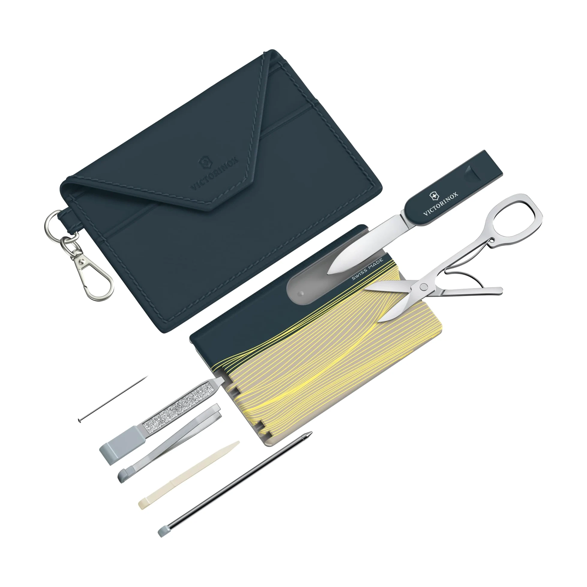 VICTORINOX Swiss Card Classic, 10 funkcji, Swiss Made, multitool dla kobiet, w zestawie etui na karty z klucznikiem, New York Style (Niebieski, Żółty)