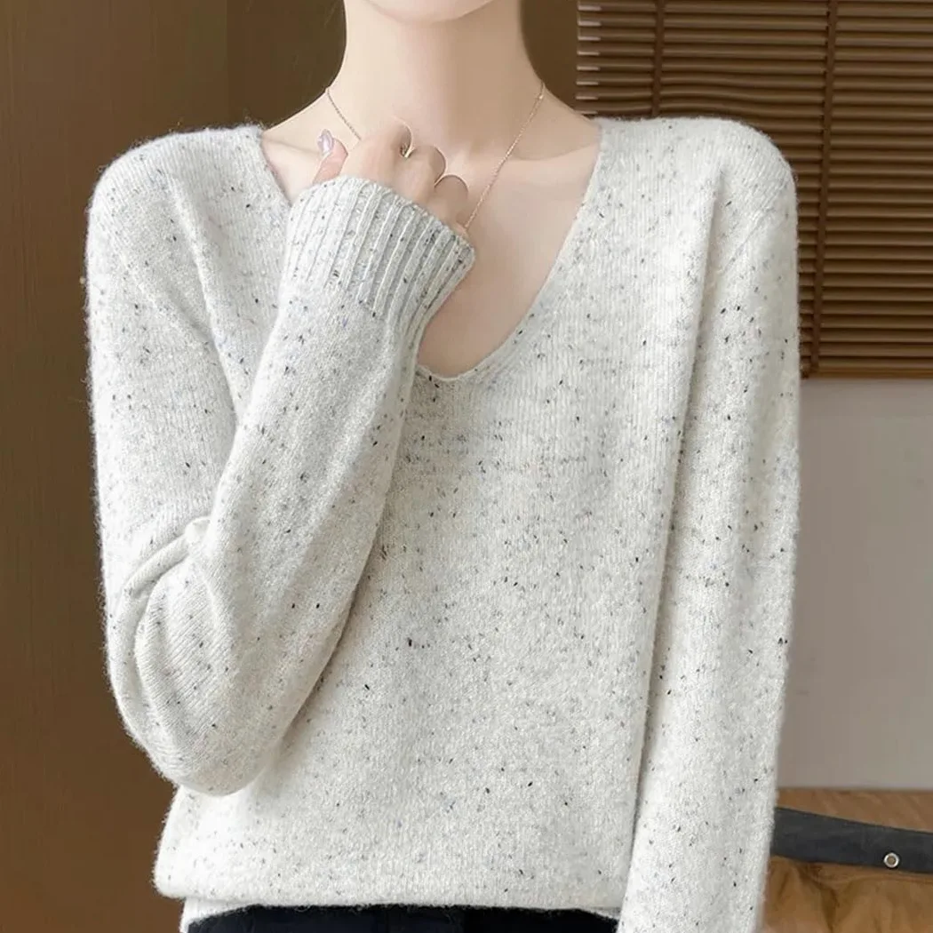 Damski kaszmirowy sweter z dekoltem w serek koreański sweter oversize swetry na co dzień luźne dzianinowe topy