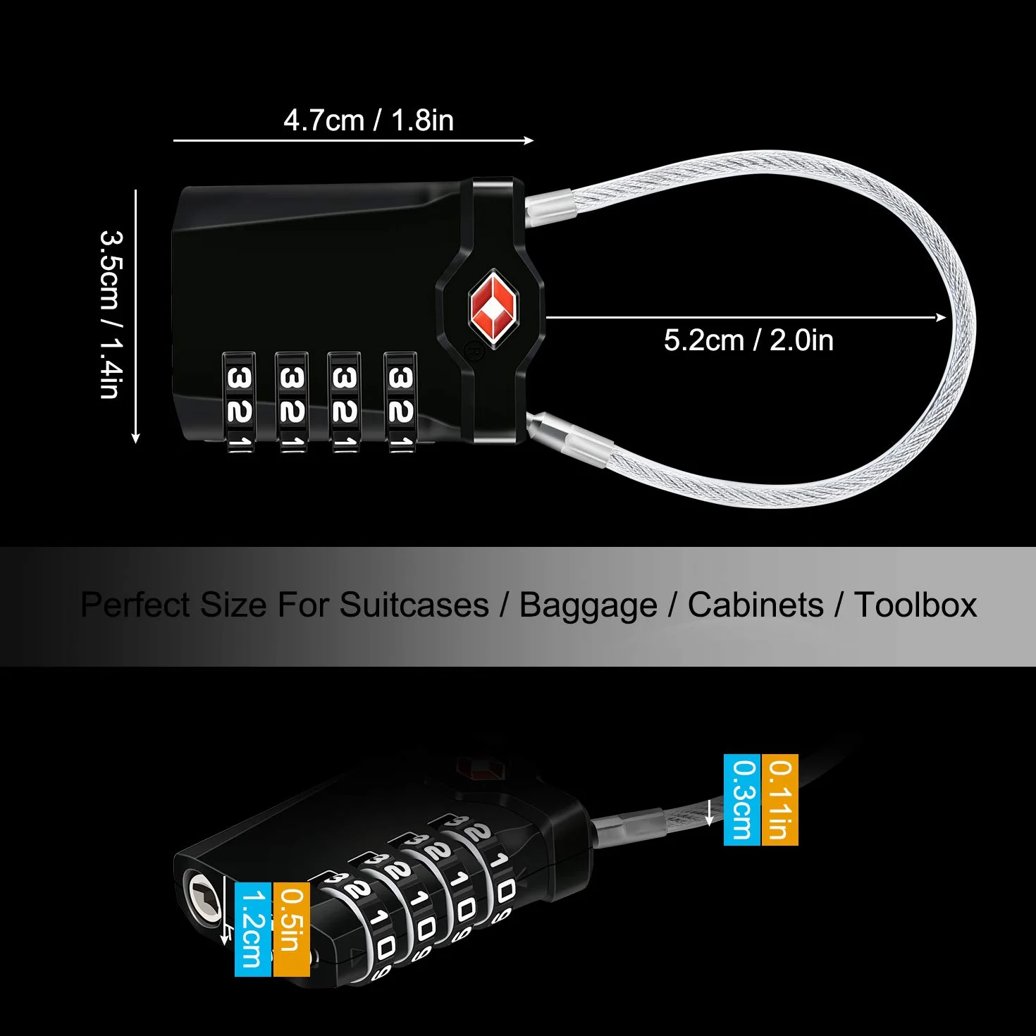 TSA Zamki do Bagażu 4 Cyfrowy Zamek Bezpieczeństwa Elastyczny Kabel 14cm Czarny Srebrny