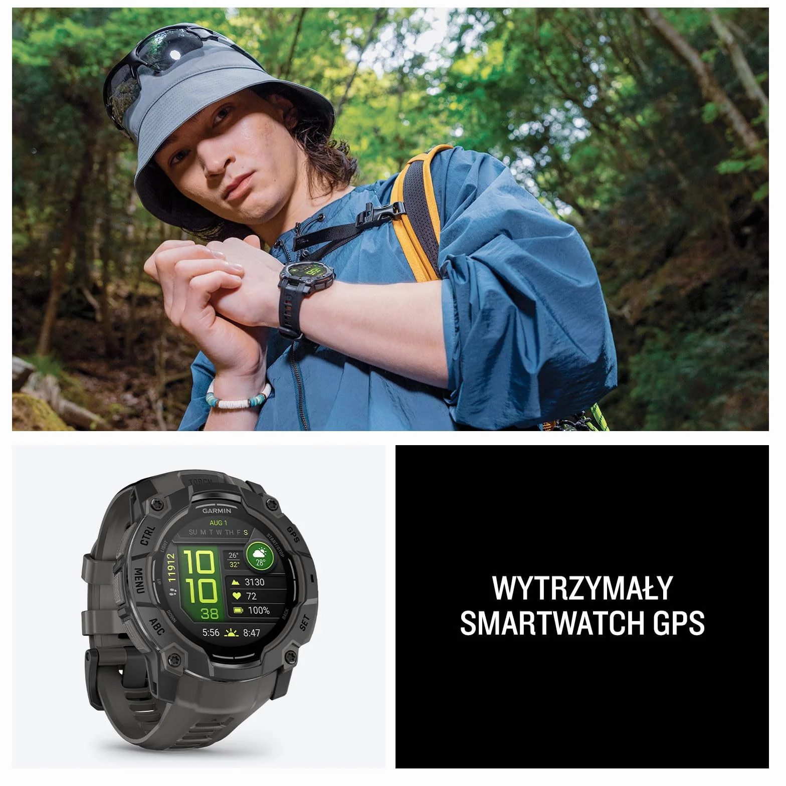 Garmin Instinct 3 [odnowiony], wytrzymały smartwatch GPS 50 mm, wbudowane aplikacje sportowe i monitorowanie zdrowia, latarka LED, odporny na wstrząsy, 10 ATM, czas pracy baterii do 24 dni, czarny