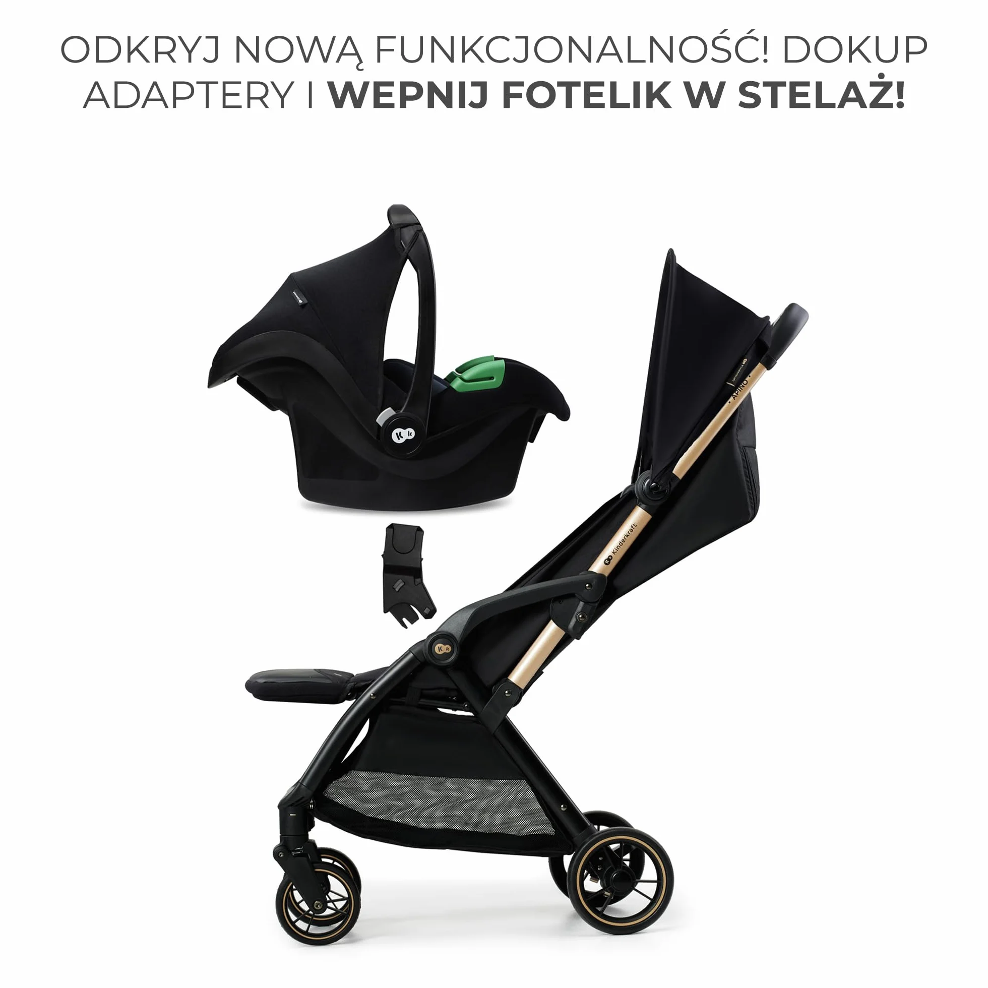 Kinderkraft APINO Lekka Spacerówka, Wózek dziecięcy, Idealny na podróż, AUTO FOLDING, Składany, Kompaktowy, Lekki, Tylko 7,5kg, Wodoodporna budka, Regulacja oparcia, obciążenie do 24kg, Szary