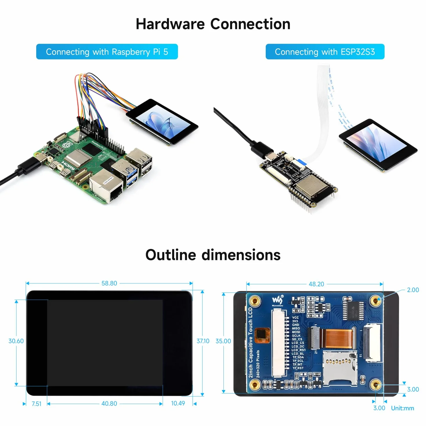 Waveshare 2inch Capacitive Touch Display IPS Module, for Raspberry Pi/Raspberry Pi Pico/ESP32, 262K Colors, 240 x 320 Resolution, Faster Response and More Durable