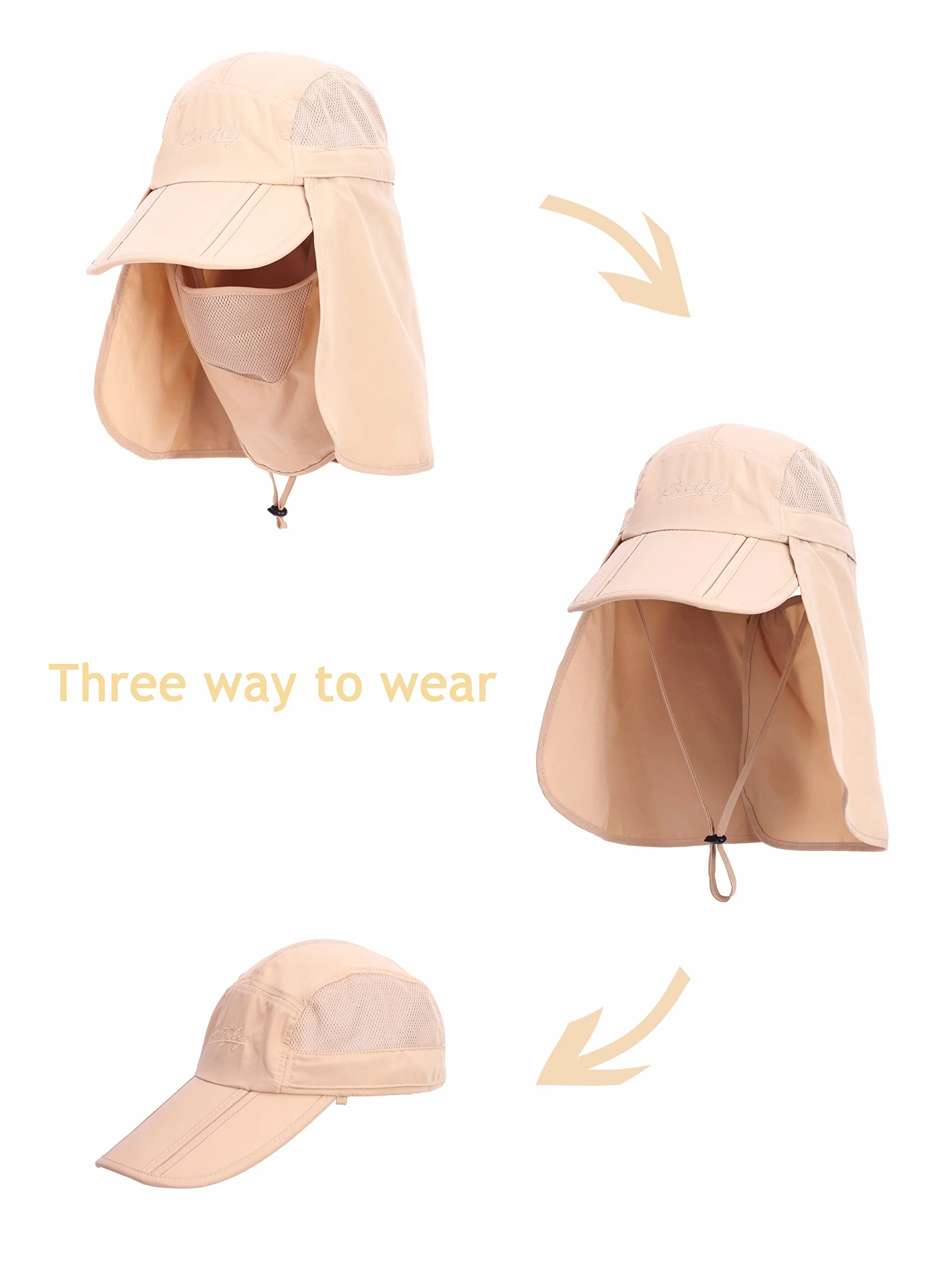 Unisex Safari Cap z bardzo długą ochroną karku, ochrona przed promieniowaniem UV, składana czapka baseballowa na kemping, do aktywności na świeżym powietrzu, dla obwodu głowy 50-54 56-60