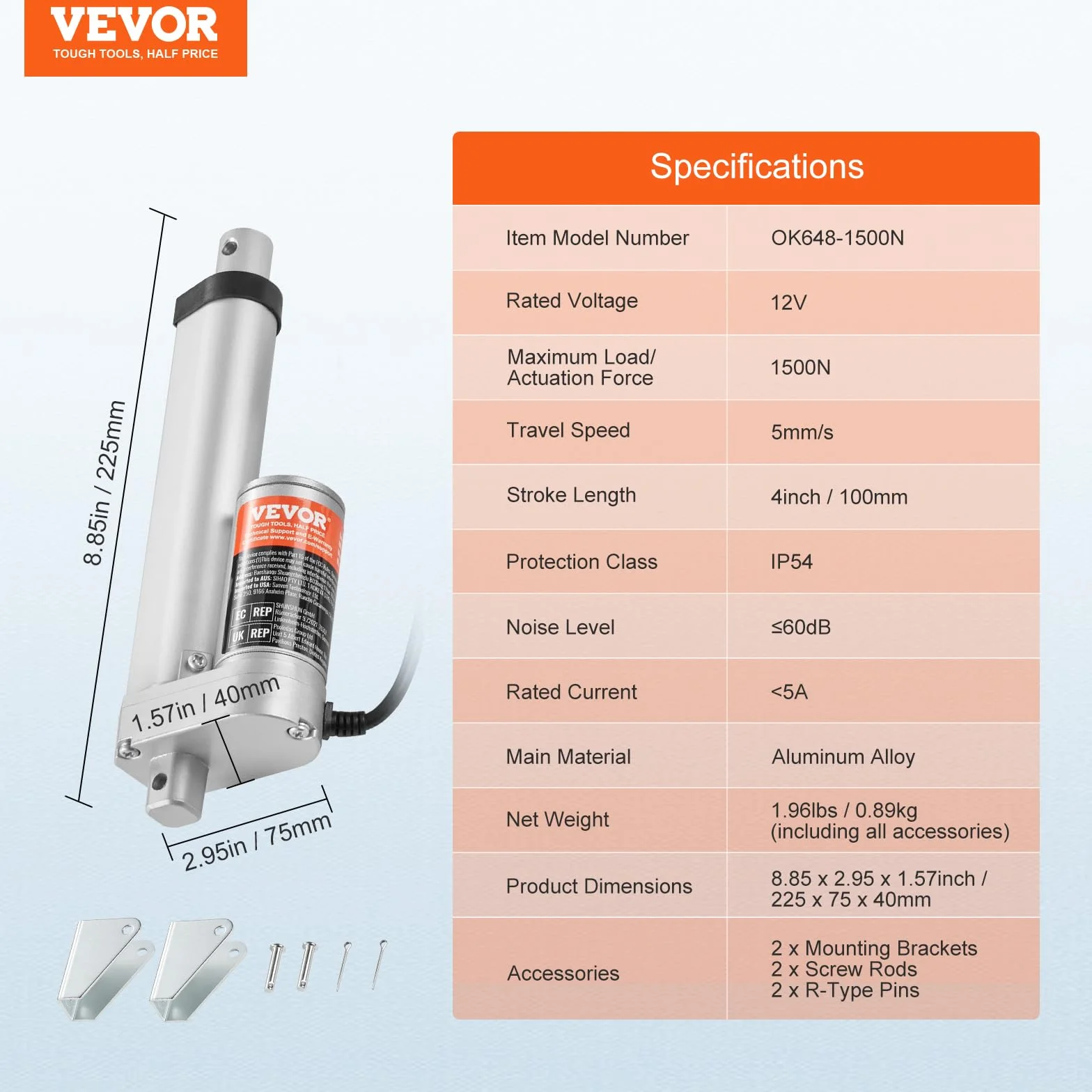 VEVOR Napęd liniowy 1500 N DC 12 V napęd liniowy IP54, elektryczny silnik liniowy, długość skoku 100 mm, poziom hałasu ≤ 60 dB, elektryczny otwieracz drzwi 5 mm/s, prędkość jazdy, technika liniowa,