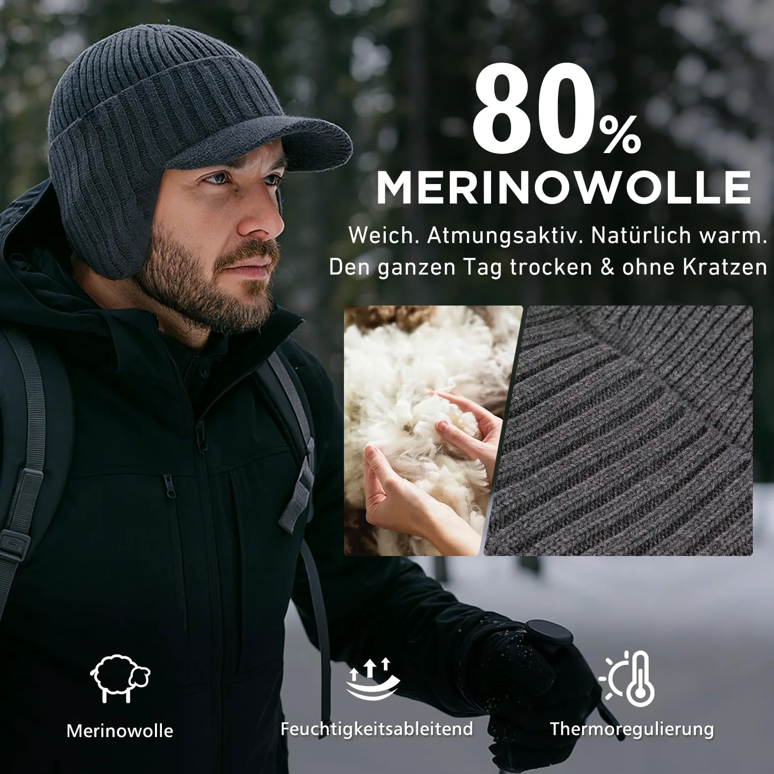 TOP-EX DryKnit wodoodporna czapka z daszkiem w 80% z wełny merynosów, zimowa czapka z dzianiny, z polarową podszewką i nausznikami, M-XXL