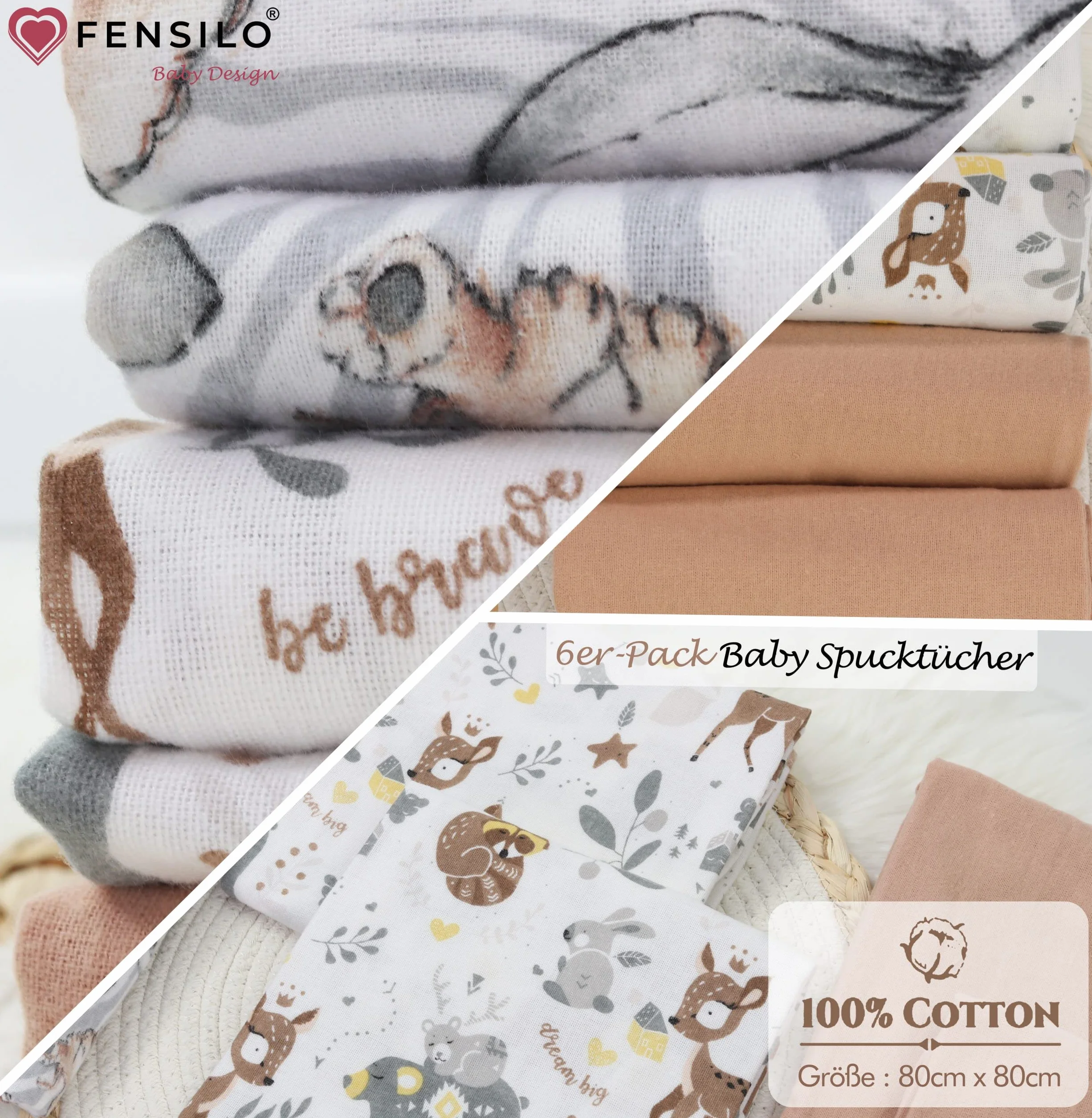 FENSILO Chusteczki Molton, 5 sztuk, pieluchy flanelowe ze 100% bawełny, 80 x 80 cm, pieluchy Molton, chustki do ślinienia dziecka, flanelowe, uniseks, dla chłopców lub dziewczynek