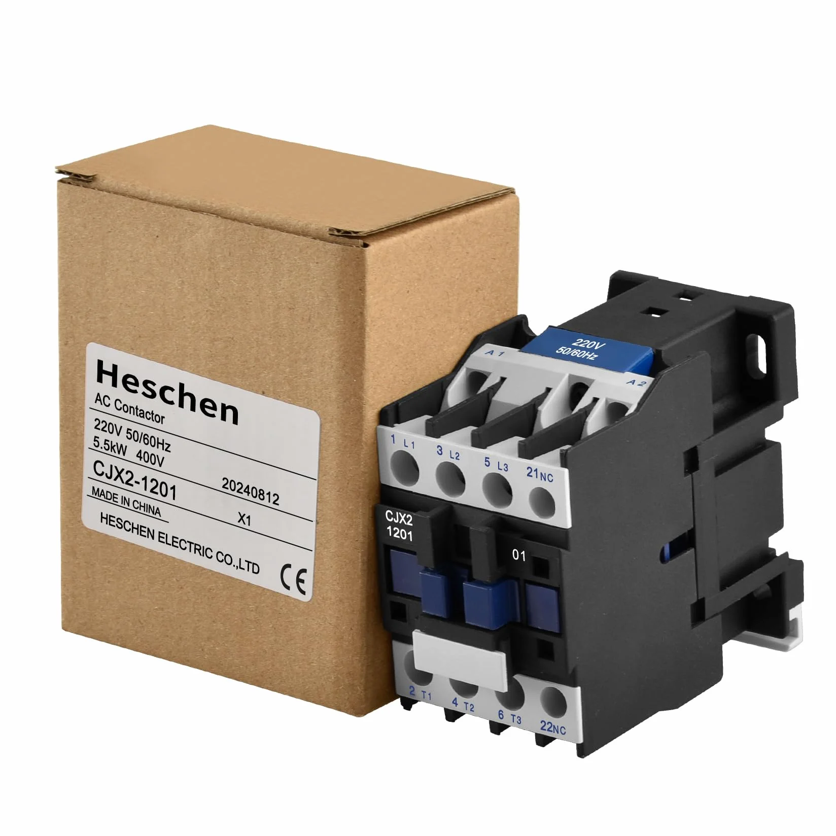 Heschen Stycznik AC, CJX2-1201, cewka 220 V, 50/60 Hz, 3P, 3-biegunowa, normalnie zamknięta, Ie 12A, Ue 380V
