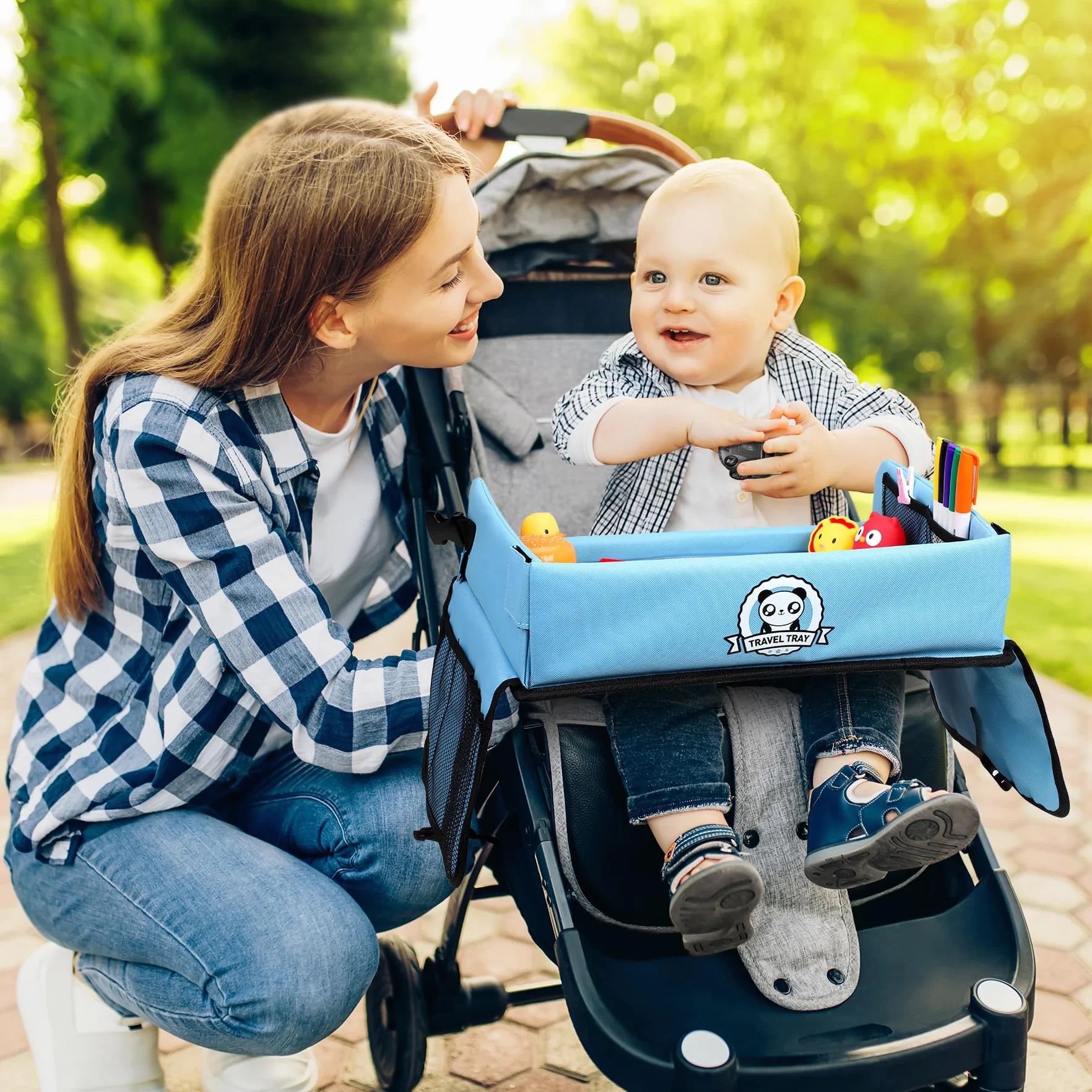 COOLJOY Stolik podróżny dla dzieci z 5 obrazkami + 6 pędzlami, rysowanie na tablicy, wielofunkcyjna zabawka, przenośna podkładka, regulowany samochodowy fotelik dziecięcy, niebieski
