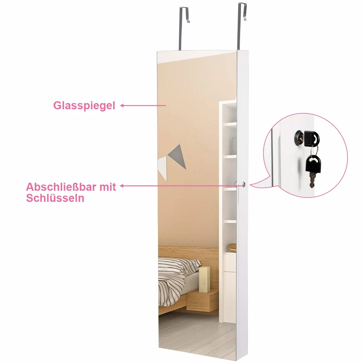 COSTWAY Szafka na biżuterię z oświetleniem LED, lustro, zamykana na klucz, 120 cm, biała
