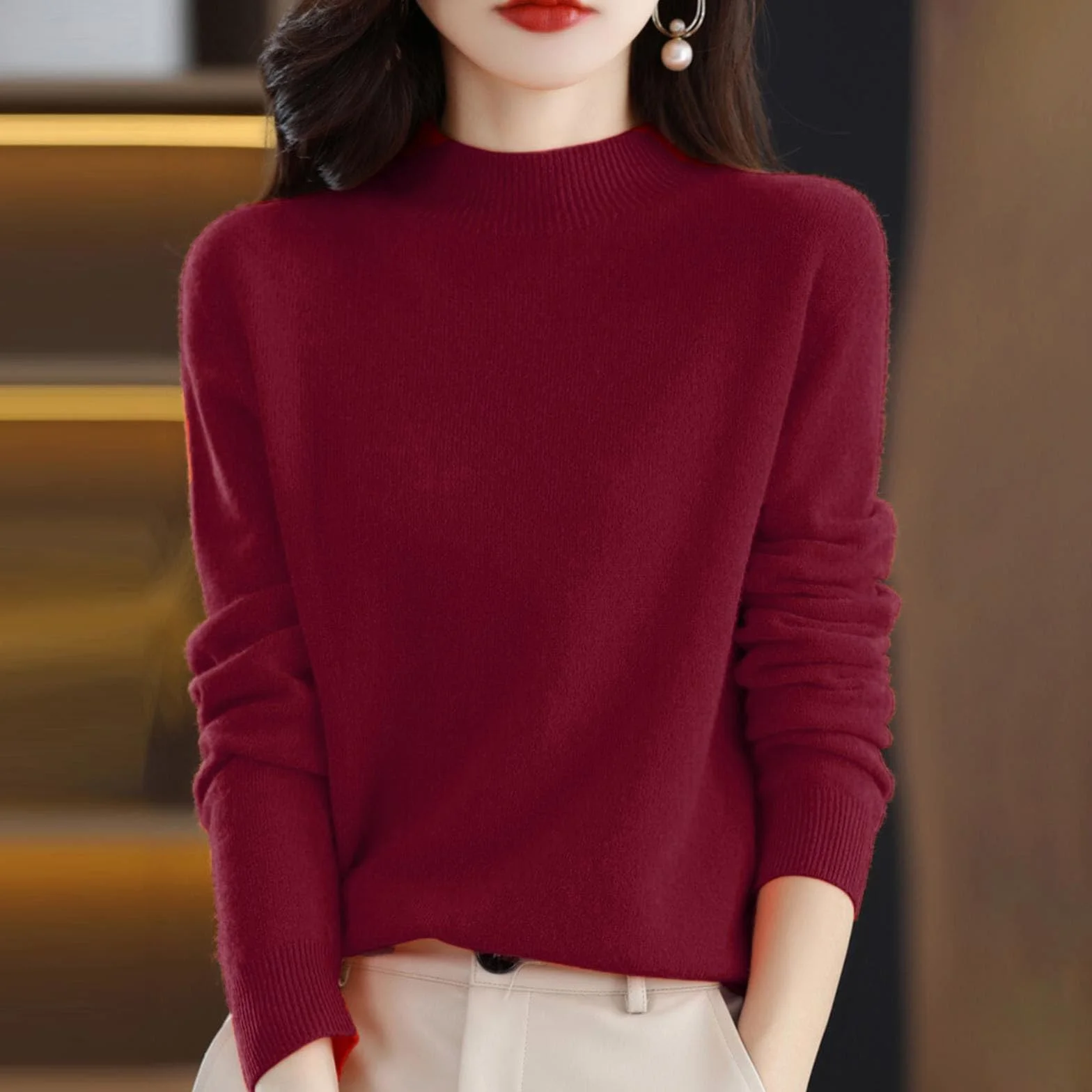 Bluza z okrągłym dekoltem dla kobiet bluzka top damski półgolf sweter z długim rękawem jednolity kolor sweter koszula jesień zima ciepły luźny sweter do wewnątrz na zewnątrz trening prezenty