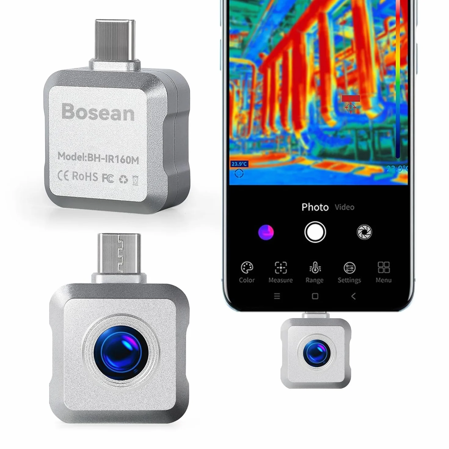 BOSEAN BH-IR256M urządzenie termowizyjne do smartfonów z systemem Android, rozdzielczość 256 x 192 na podczerwień, kamera termowizyjna o częstotliwości odświeżania 25 Hz, <40 mK, zakres temperatur -4°