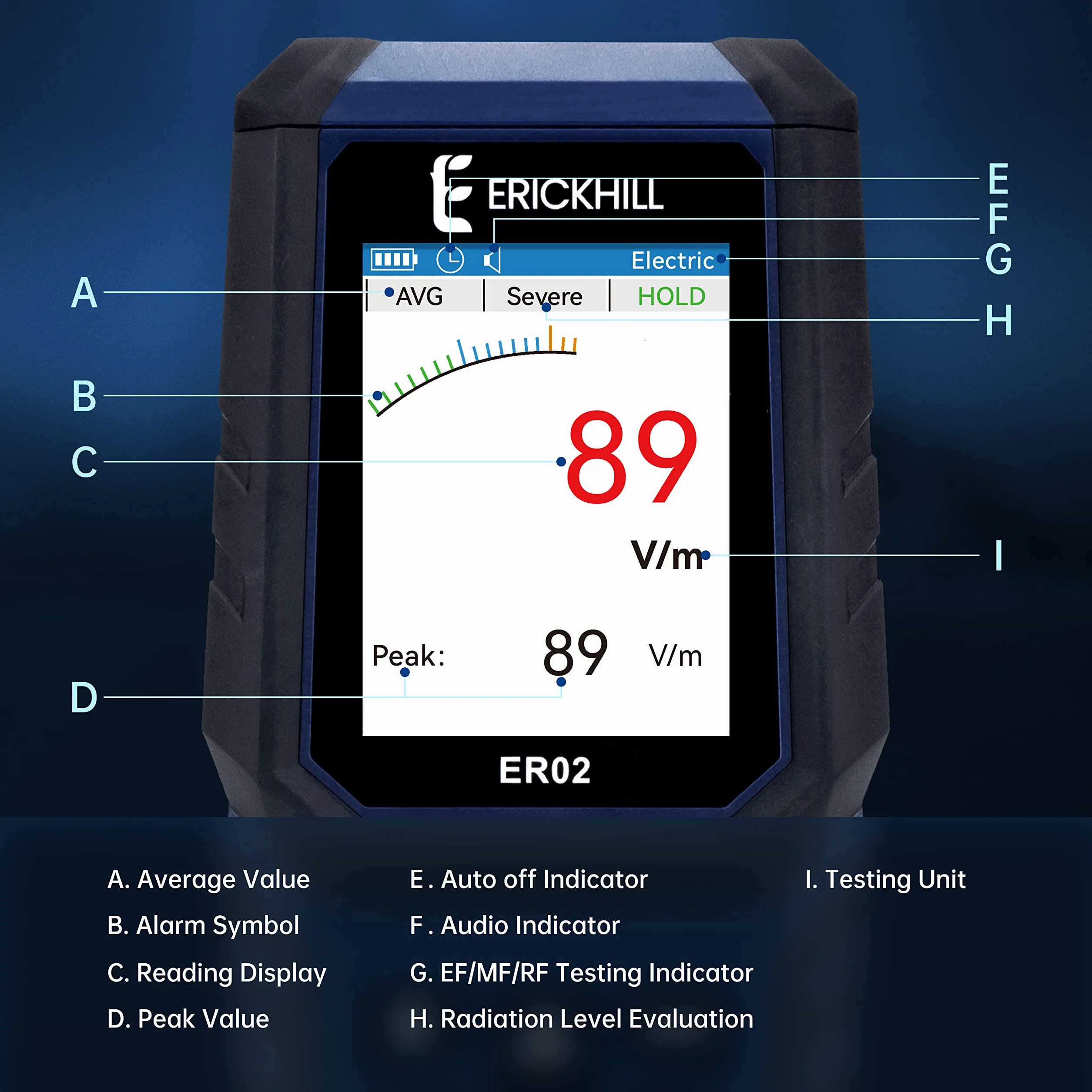 ERICKHILL Miernik EMF ER-02, kontrola EF/MF/RF, do ponownego ładowania, cyfrowy wyświetlacz LCD, do domu, biura, na zewnątrz