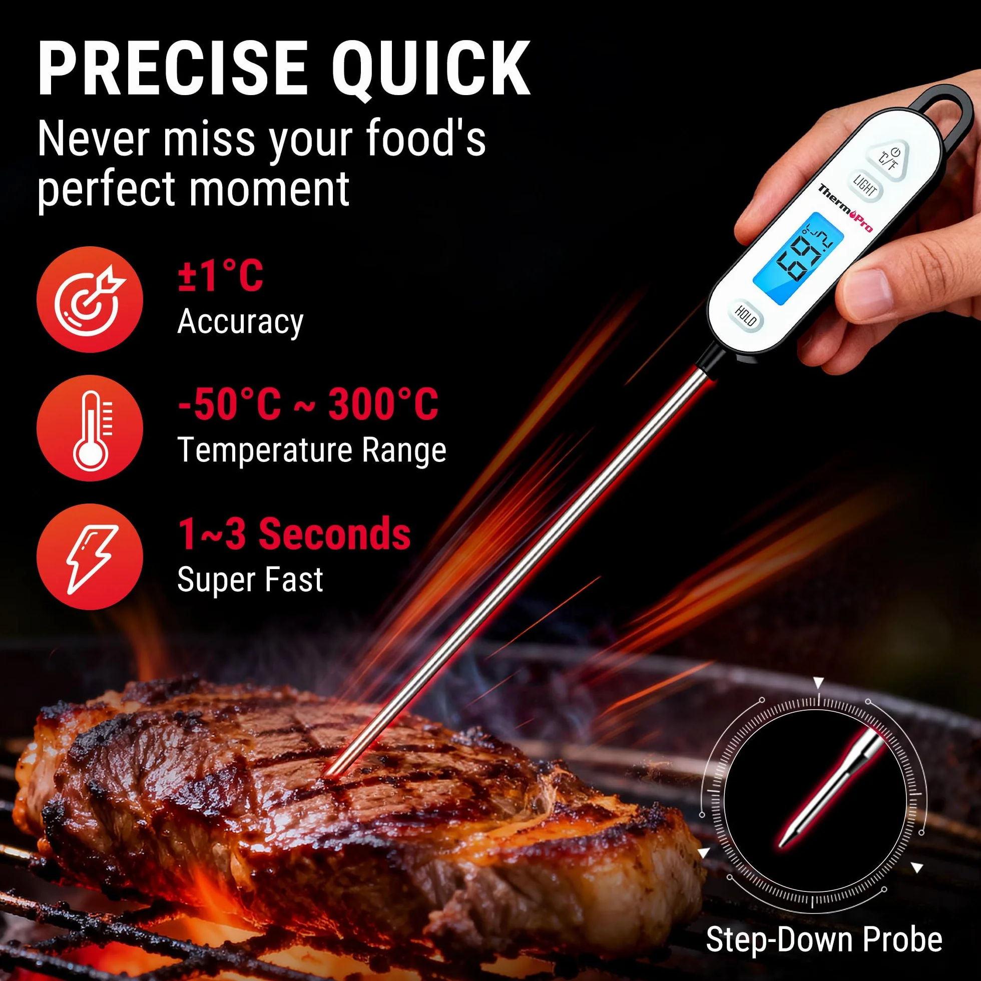 ThermoPro Cyfrowy termometr do mięsa ze składaną sondą, termometr do smażenia, do wędzenia, grilla, kuchni