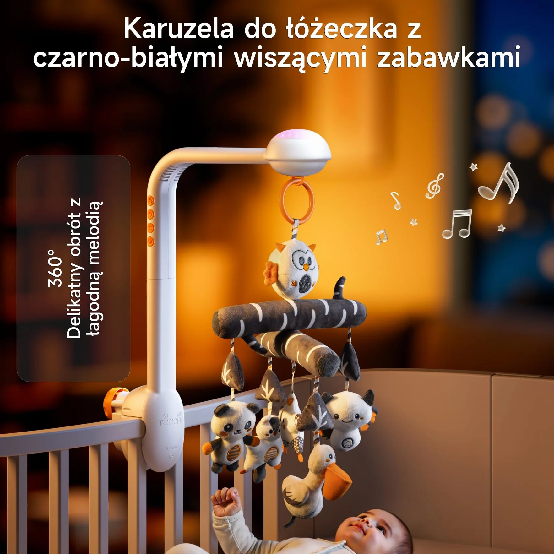 TUMAMA Baby Mobile łóżeczko dziecięce z muzyką, 3 w 1 mobilne dla dzieci do łóżka z światłem projekcyjnym, rotacja, muzyka zegar zabawki, obrotowe i wyjmowane uchwytowe akcesoria od 0 2 3 6 9 miesięcy