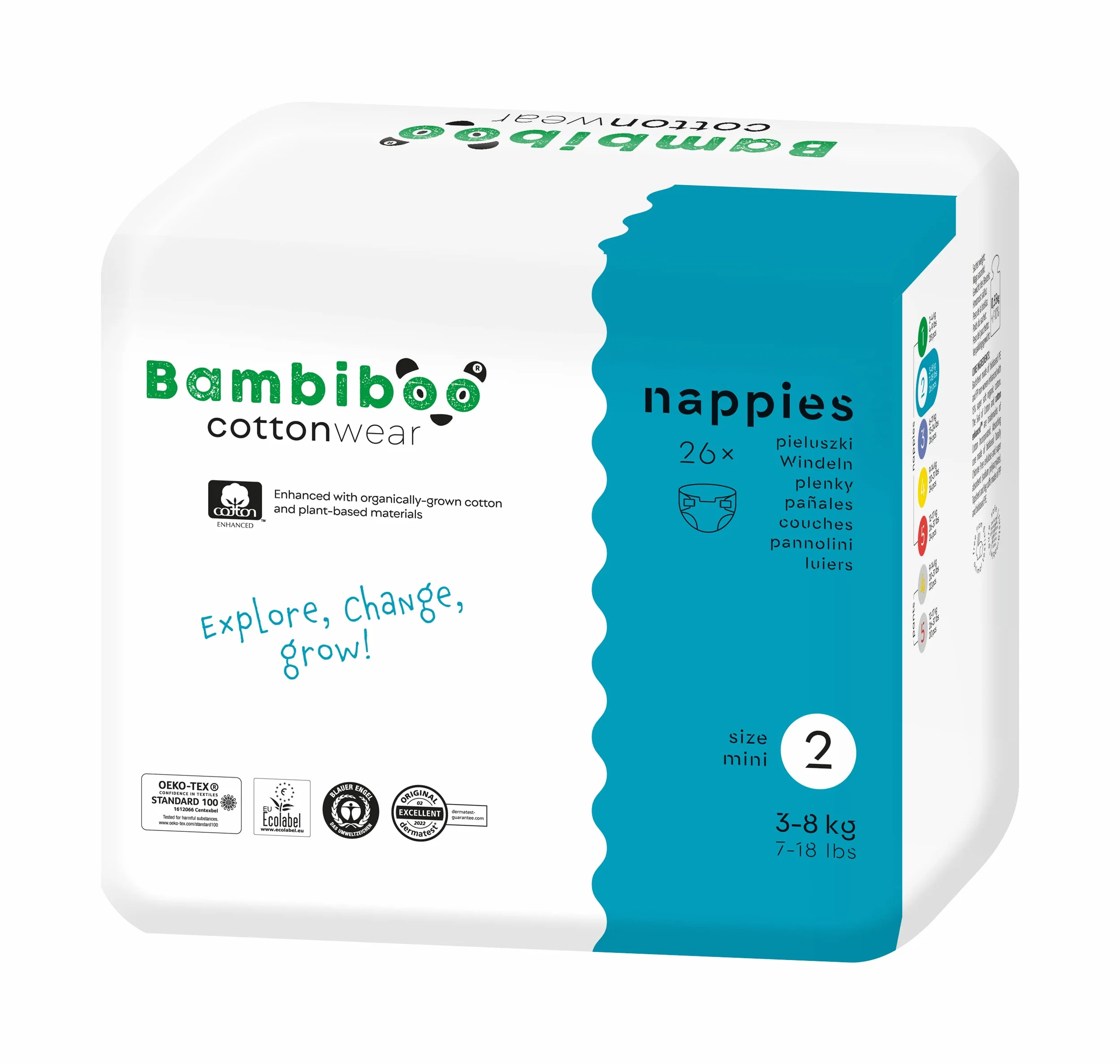 Bambiboo COTTONWEAR Pieluchy, Biały, 2 Mini (3-8 kg), 26 Sztuk