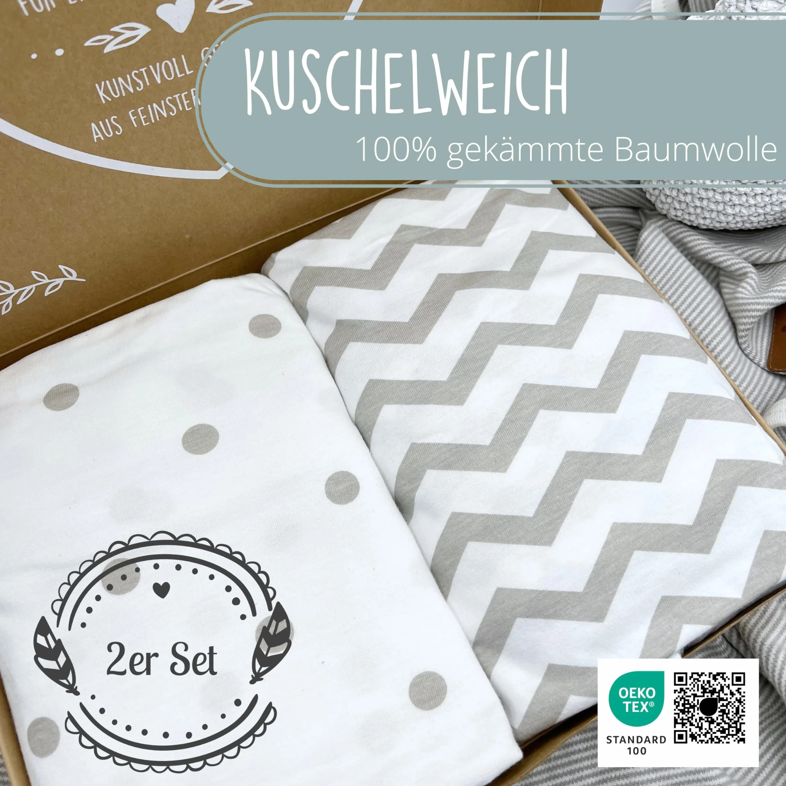 mimaDu® premium Spannbettlaken Kinderwagen, Stubenwagen Bezug, Kinderwagen Matratzenbezug - 78x36, 80x35, 80x40 cm- 100% OEKOTEX Baumwolle (Punkte Zickzack)
