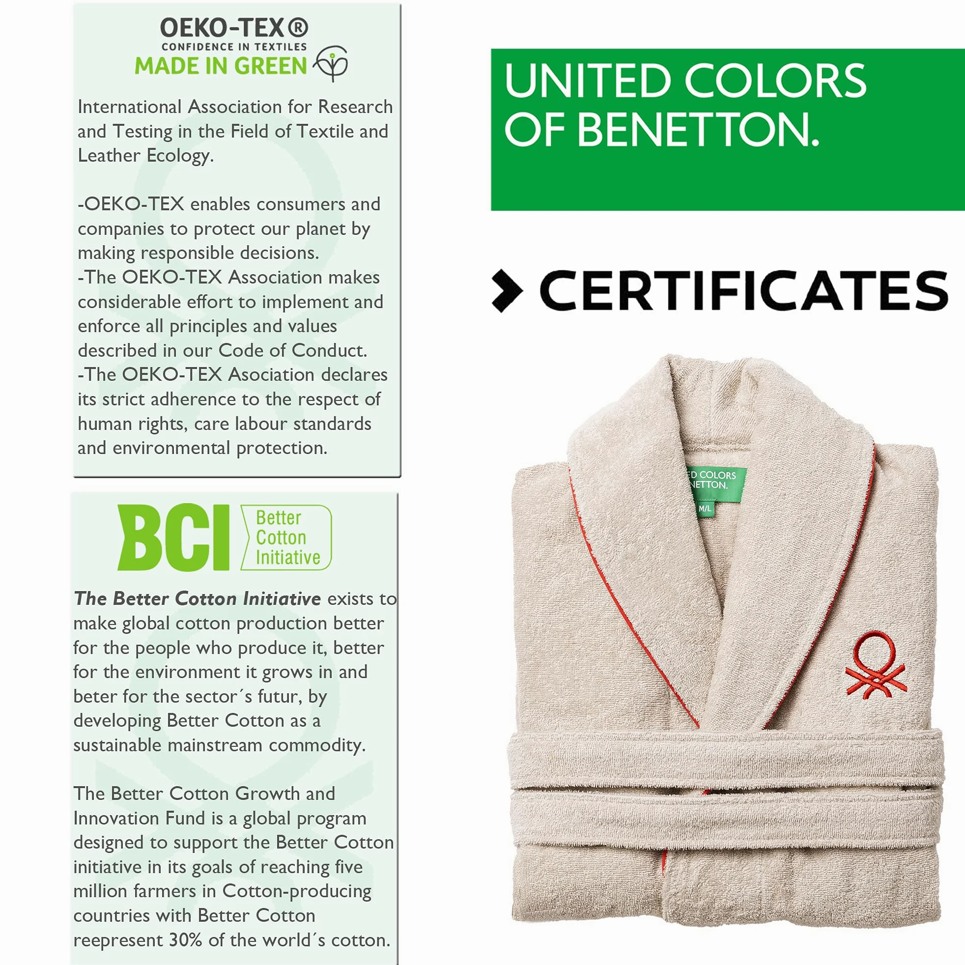 UNITED COLORS OF BENETTON. Szlafrok unisex męski lub damski 360gsm 100% bawełna, kremowy, Kremowy, L-XL