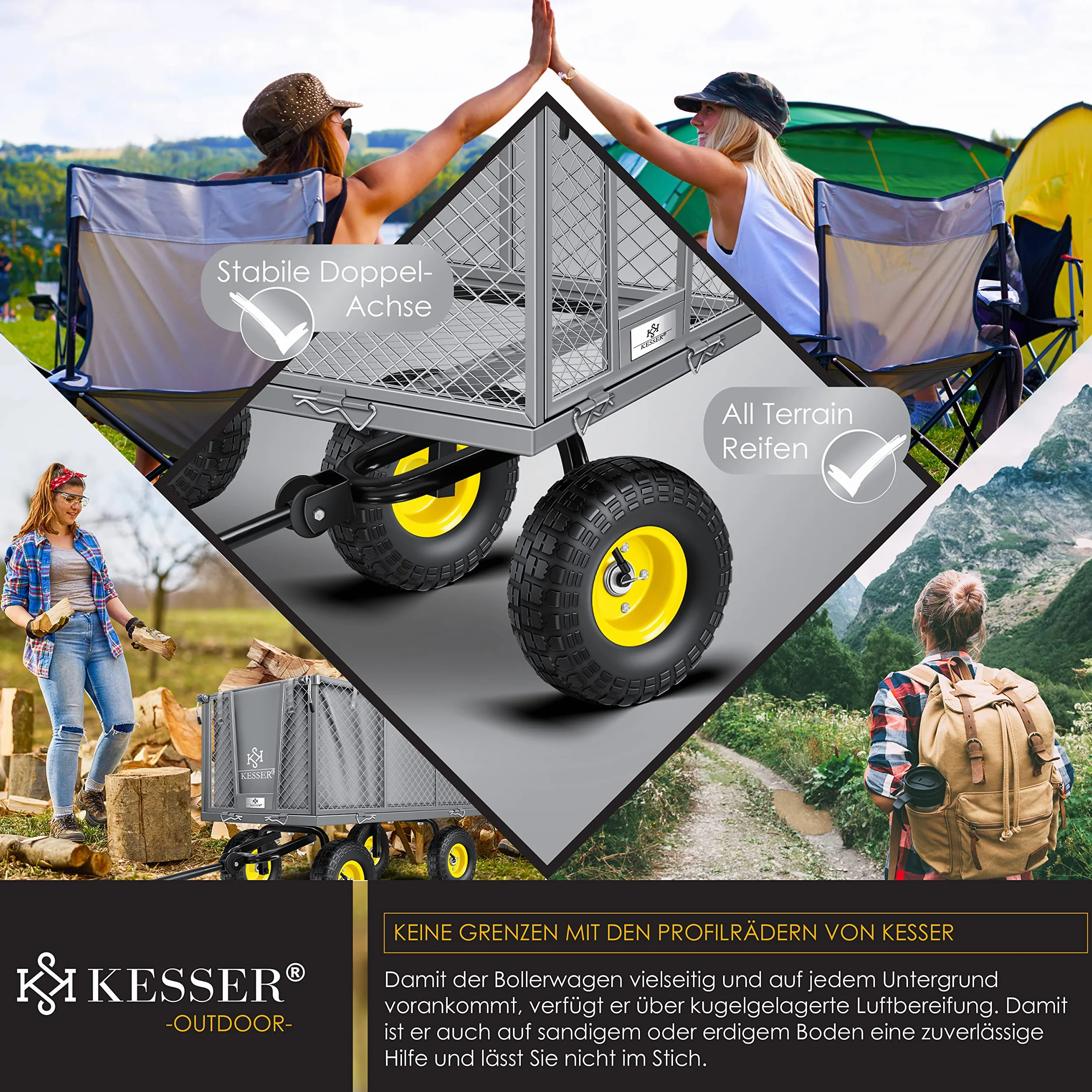KESSER Wózek ogrodowy, udźwig 550 kg, wózek transportowy, wózek ogrodowy, wyjmowana plandeka, wózek na narzędzia, wózek ręczny, wszechstronne zastosowanie, w zestawie rękawice szare