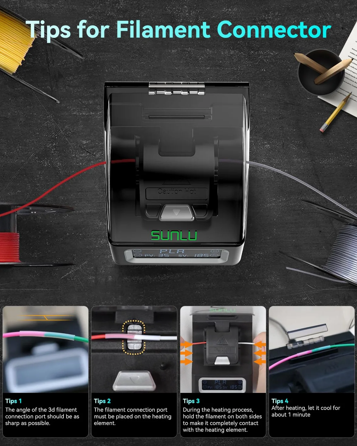 SUNLU Złącze filamentu 3D 1,75 mm 240°C PLA PETG ABS PA 200 szt.