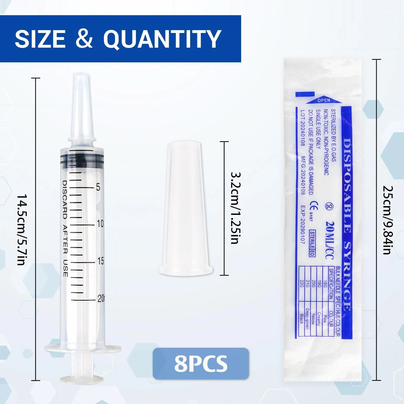 8 strzykawek 20 ml, strzykawki z tworzywa sztucznego 20 ml, niezależne opakowanie, jednorazowe strzykawki 20 ml, syringe z pokrywką, do laboratoryjnego karmienia zwierząt, nawadniania roślin