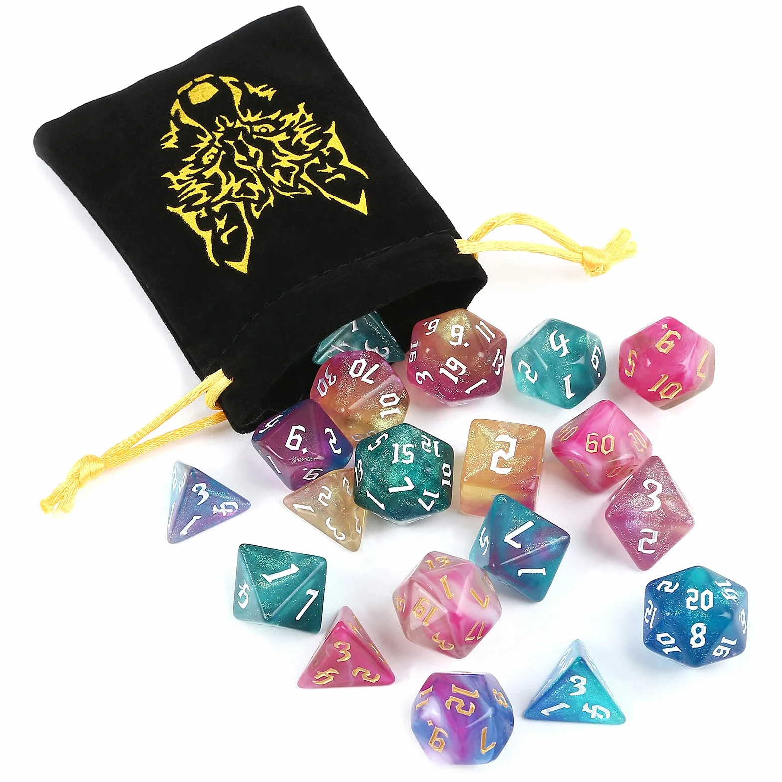 LEMESO zestaw 42 kostek wielościennych – 6 zestawów po 7 kostek, zestaw kostek do gry w lochy i smoki DND RPG MTG – w zestawie 6 aksamitnych woreczków (D20 D12 D10 D8 D6 D4)