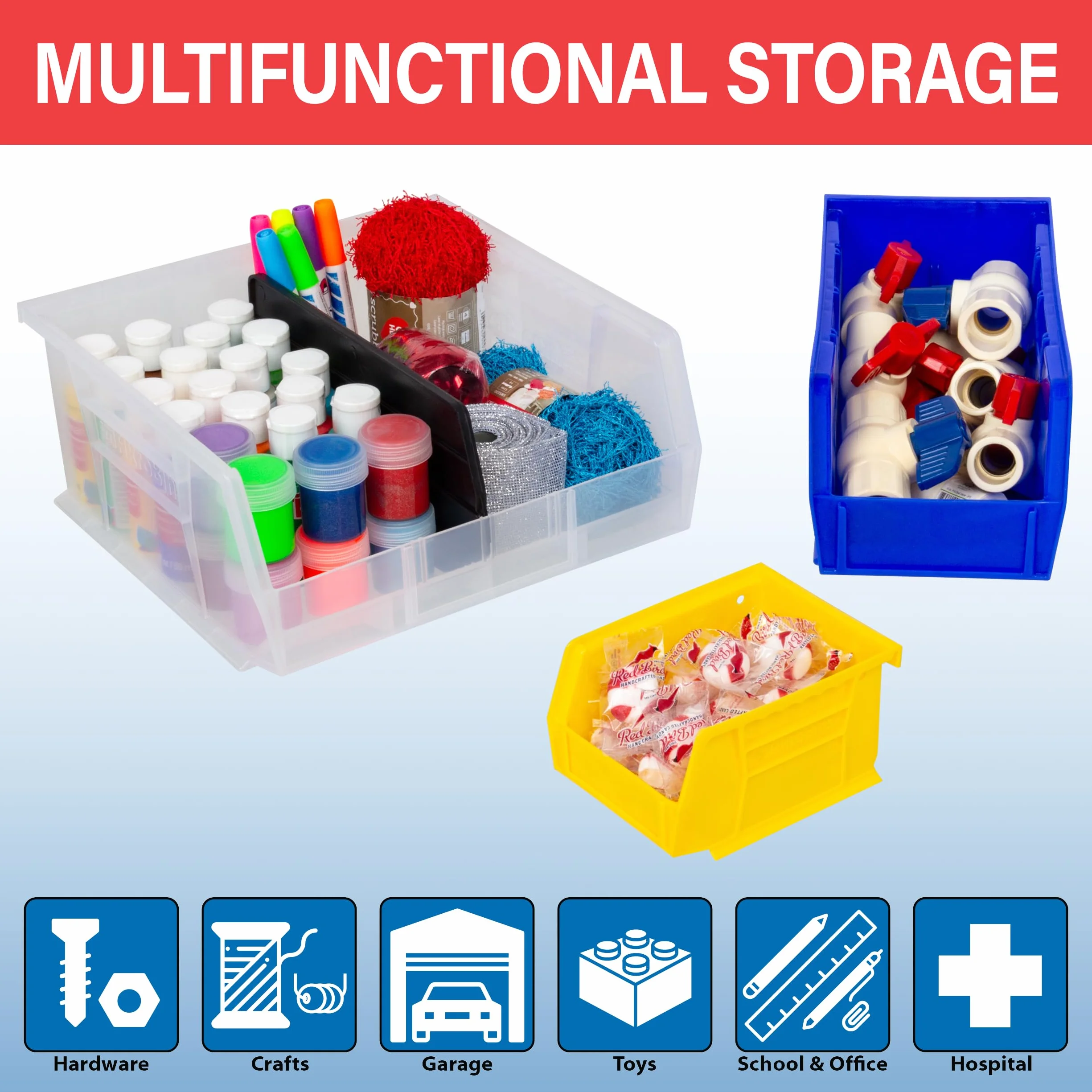 Akro-Mils 30230 AkroBins Plastic Storage Bins, Space-Saving Stackable Bins for Garage, Pantry, Craft Organization, 11-" x 5-" x 5-", Red, 12-Pack