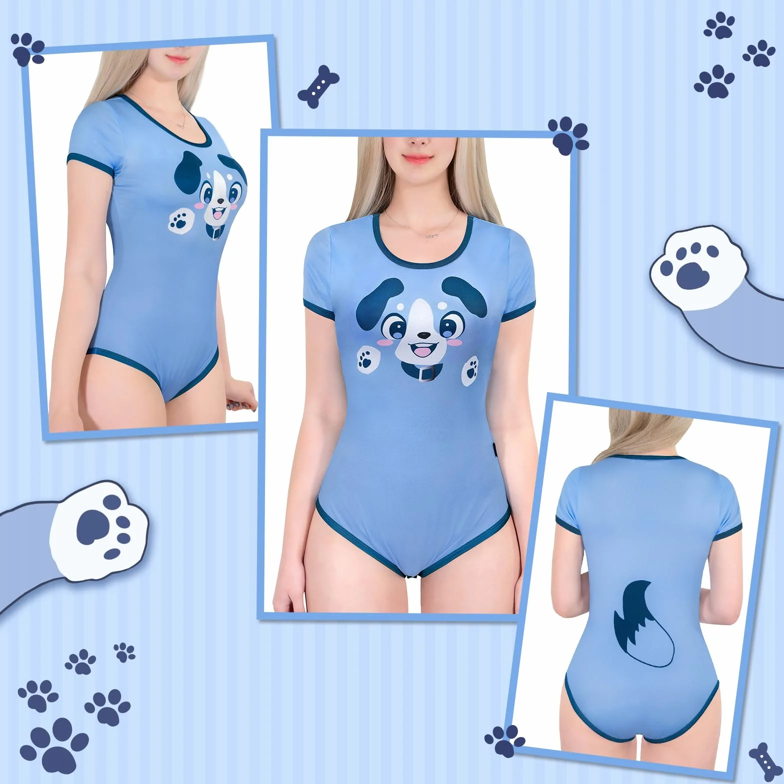 LittleForBig Jedwabisty kombinezon jednoczęściowa piżama body - Little Blue Onesie Body Pure Puppy Pattern