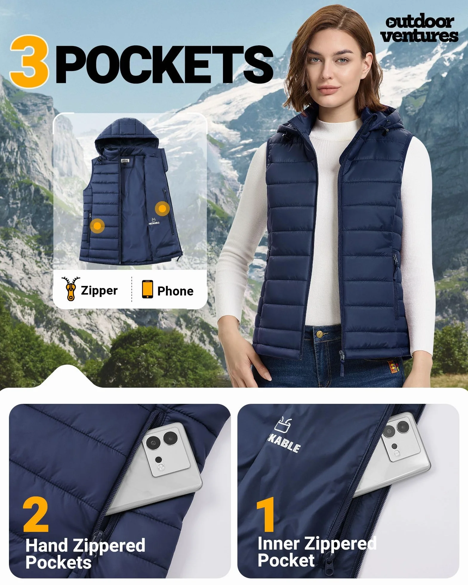Outdoor Ventures Damska pikowana kamizelka z kapturem, pakowana, przejściowa kamizelka z podszewką, hybrydowa kamizelka sportowa, ciepła kamizelka rowerowa ze stójką, na wędrówki, kemping