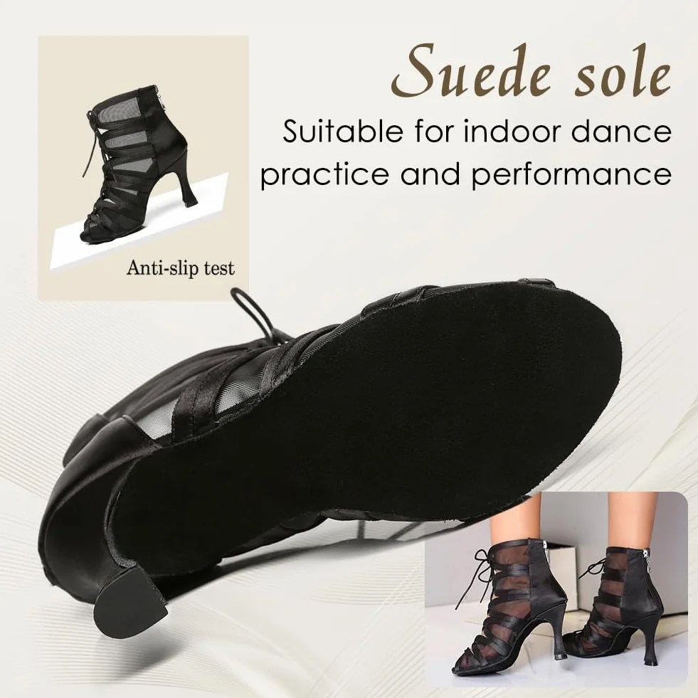 Latein Tanzschuhe Damen Hoher Absatz Salsa Ballsaal Satin Tanz Sandalen Czarny Offene Zehen Latein Tanzstiefel mit 8,5cm Absatz Wildledersohle