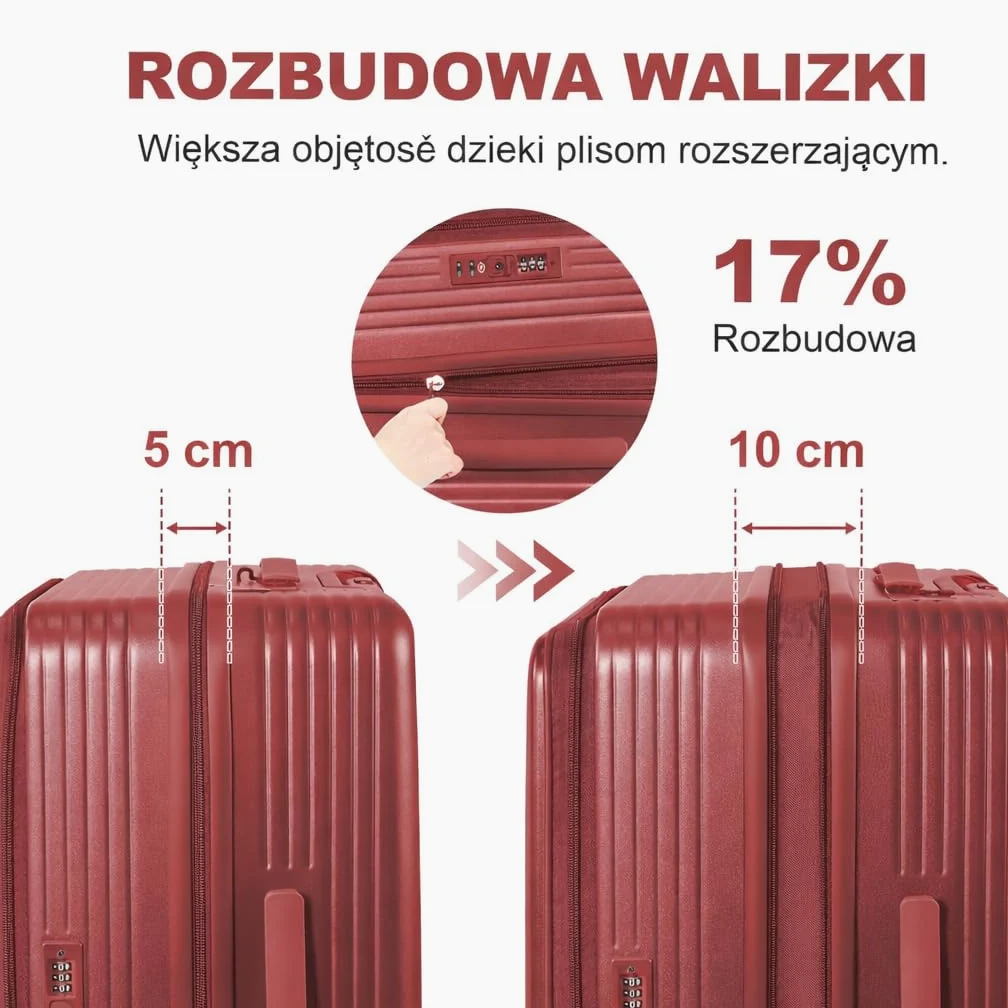 Zestaw 3 walizek z twardego poliwęglanu, specjalny system otwierania z przodu z przegródką organizera, możliwość rozszerzenia, 51 61 71 cm, zamek szyfrowy TSA, podwójne kółka 360 stopni
