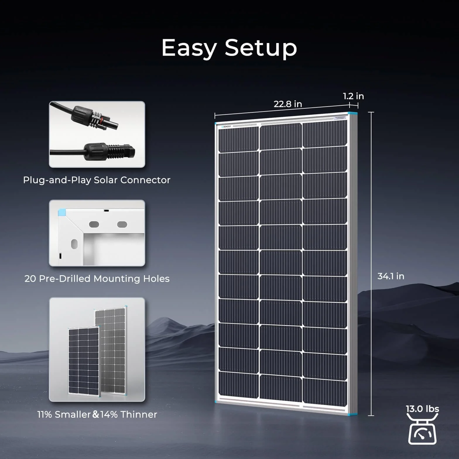 Renogy Panel słoneczny typu N 100 W z uchwytami montażowymi Z, panel słoneczny 16 BB, 100 W, 12 V, 25% wysokowydajny moduł fotowoltaiczny, ładowarka do kampera, kampera, domu, na dachu, poza siecią