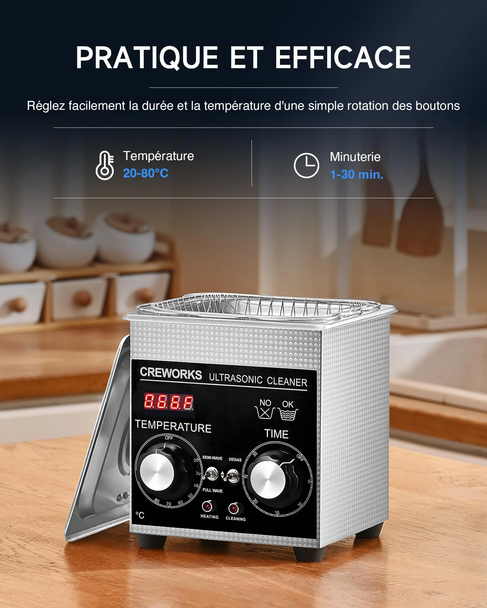 CREWORKS 1L 60 W myjka ultradźwiękowa tryb tacki ultradźwiękowej z ogrzewaniem odpowietrzającym 100 W timer 1-30 min komercyjna maszyna do czyszczenia ultradźwiękowego