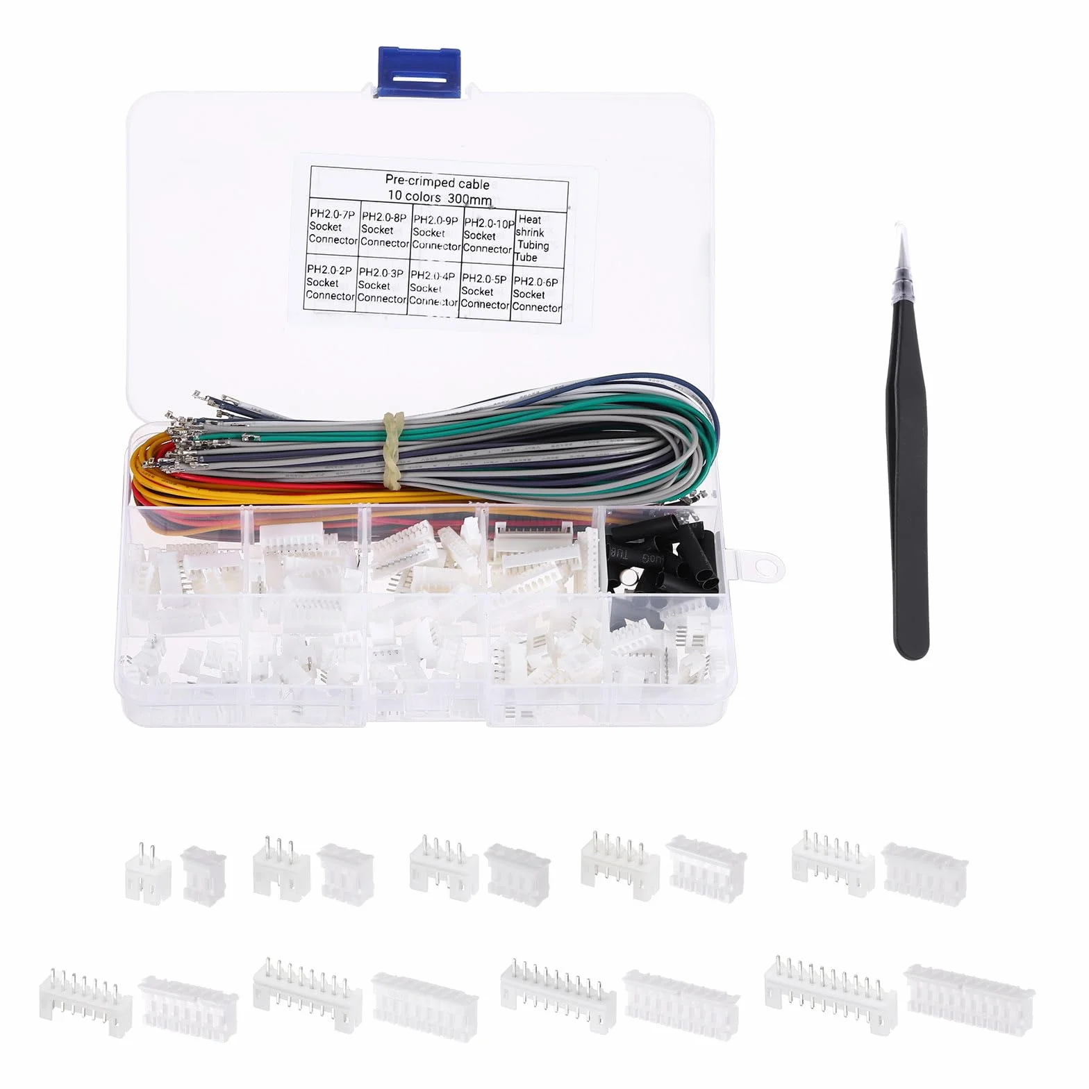 QUARKZMAN 240 sztuk złącza JST-XH, 2/3/4/5/6/7/8/9/10 Pin żeński męski pin-header, 2,54 mm odstęp gniazdo adapter z 22AWG 300 mm zgnieciony przewodnik kablowy